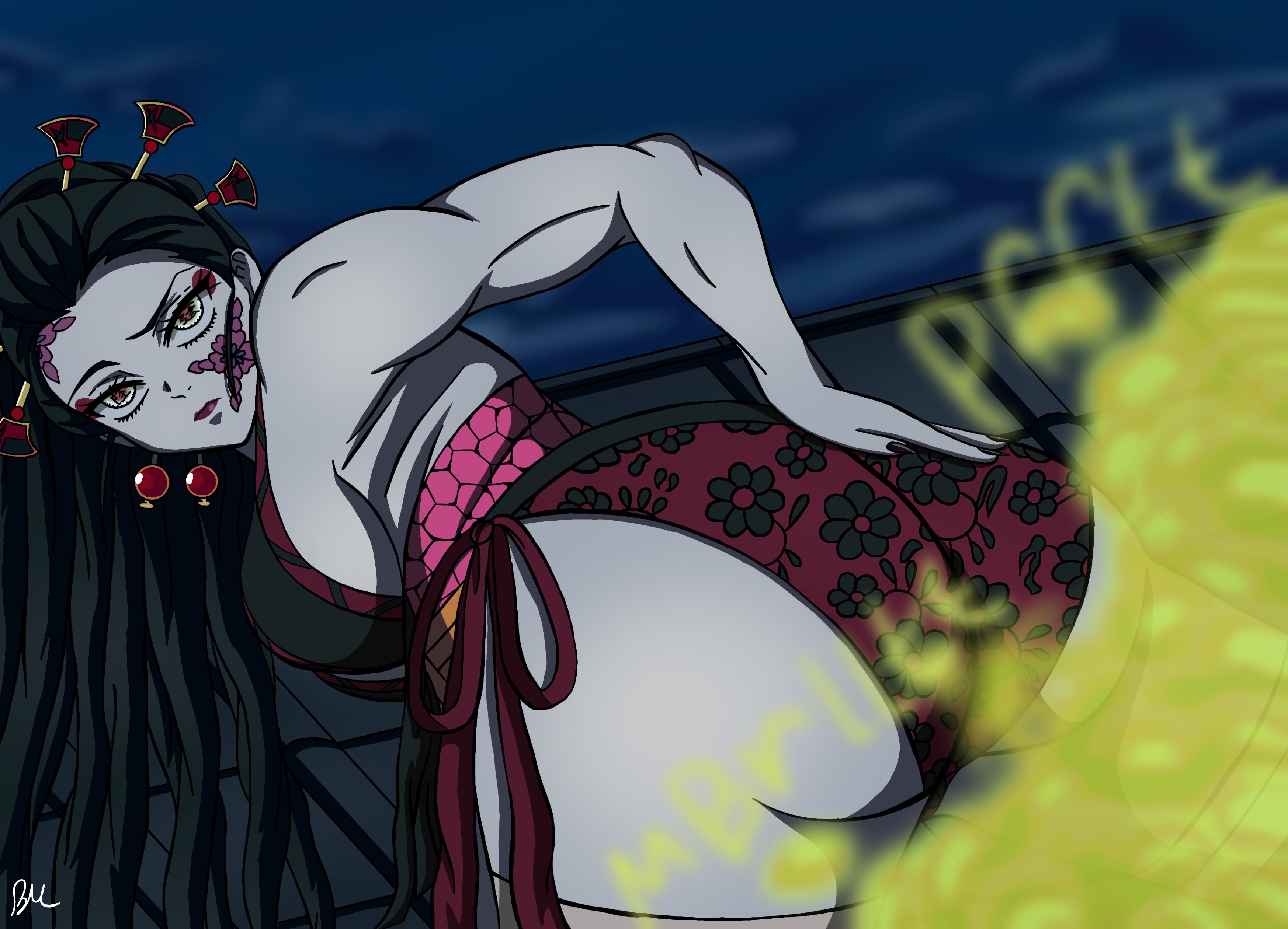 1girls, beanermane, black hair, daki (kimetsu no yaiba), demon slayer, fart, fart cloud, fart fetish, farting, female, kimetsu no yaiba, lipstick, looking at viewer, looking back, rear view, solo female