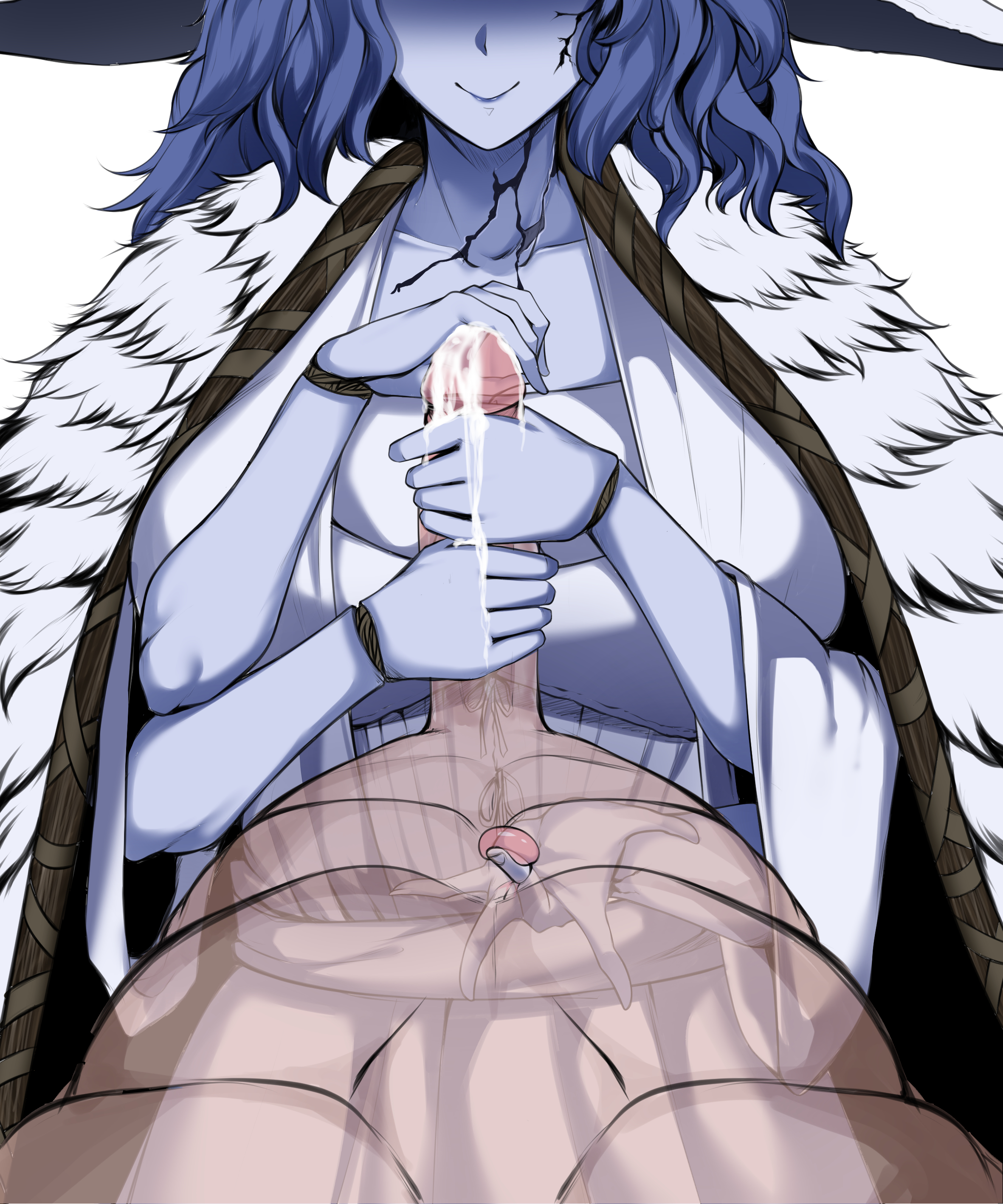 1boy, 1girls, 4 arms, abs, absurdres, big breasts, blue hair, blush, breasts, clothed female nude male, cum, ejaculation, elden ring, erection, faceless female, female, femdom, fromsoftware, glans stimulation, glansjob, handjob, hat, highres, humanoid, long hair, male, multi arm, multi limb, overstimulated, owner (artist), palming, penis, pot, prostate, prostate massage, prostate milking, prostate orgasm, prostate stimulation, ranni the witch, smile, transparent body, uncensored