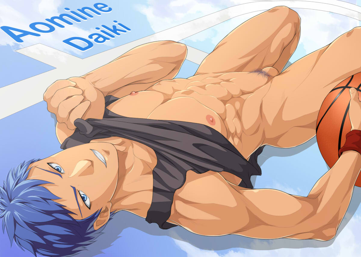 1male abs aomine_daiki basketball_(ball) blue_hair bottomless bottomless_male clothing_lift english_text featureless_crotch human human_only kuroko_no_basuke looking_at_viewer male_nipples male_solo manboobs muscular_male nipples no_penis pecs pubic_hair shirt_lift shirt_up sleeveless sleeveless_shirt solo_male tan_skin verdeleon