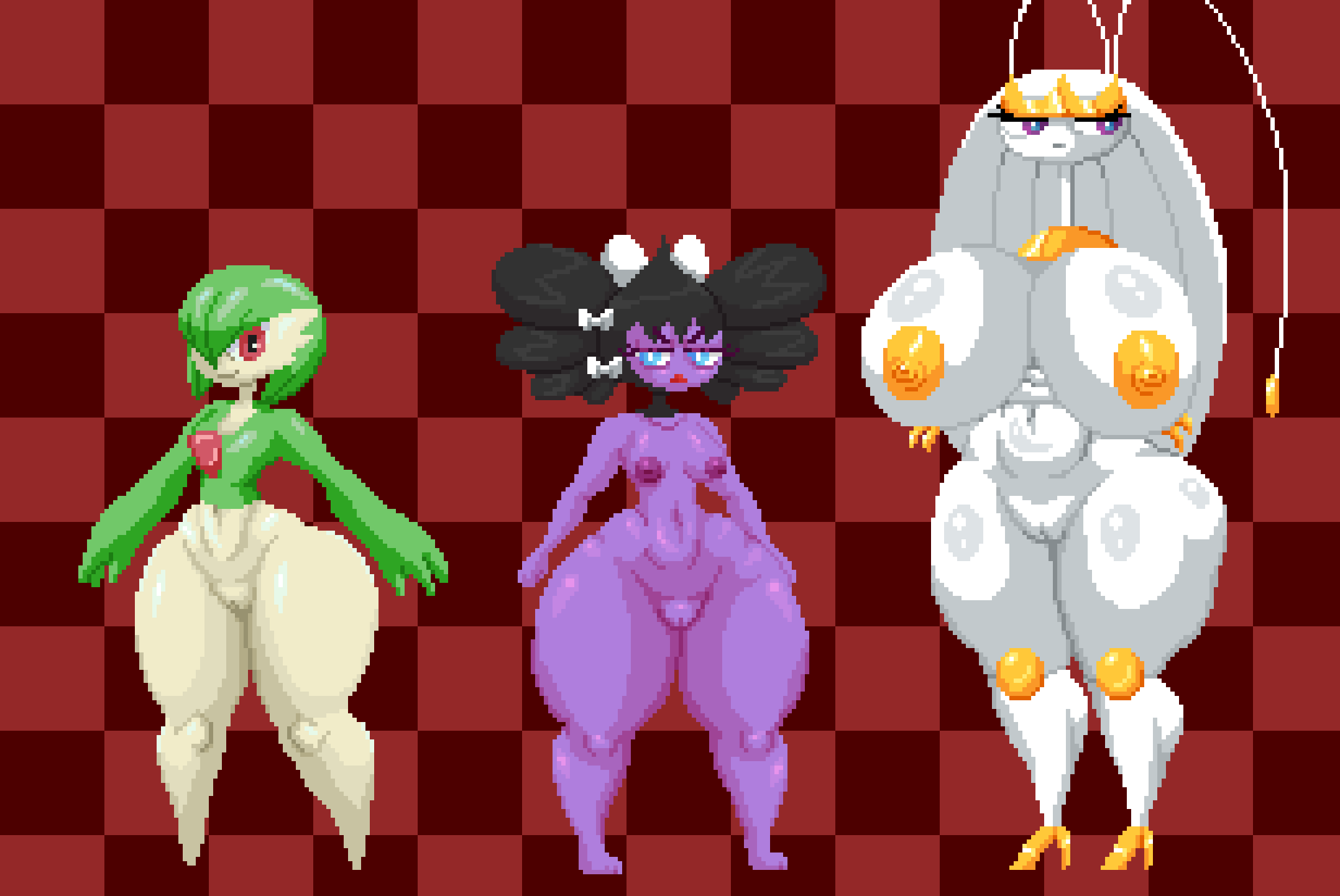 antennae_(anatomy) anthro areola belly big_breasts black_hair blue_eyes bottom_heavy breast_size_difference breasts crossed_arms digital_media_(artwork) female frown gardevoir genitals gothitelle green_hair group hair hair_over_eye hi_res huge_breasts huge_thighs humanoid larger_female multicolored_body naked navel nintendo nipples nude one_eye_obstructed pheromosa pixel_art pokémon_(species) pokemon pokemon_(species) purple_body purple_eyes purple_nipples pussy red_eyes size_difference smaller_female smile spinneborg thick_thighs two_tone_body ultra_beast video_games white_body wide_hips yellow_nipples