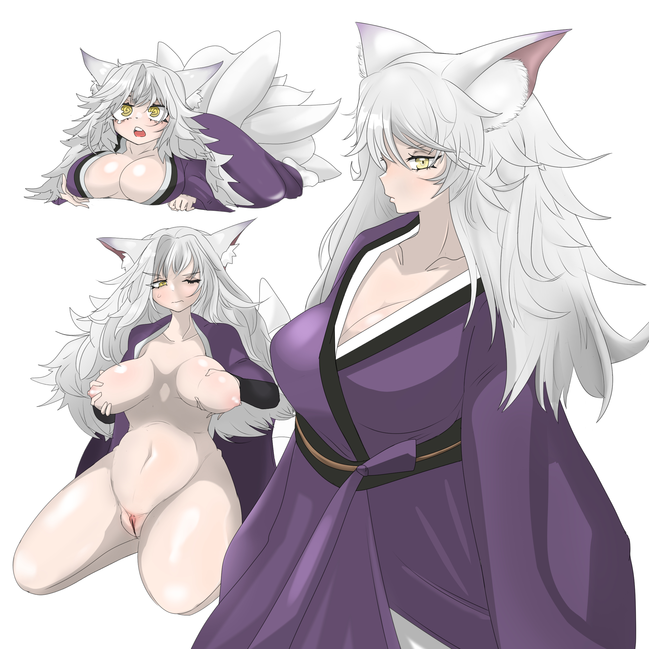 1:1, breast squeeze, breasts, creambutt (artist), female, fox ears, fox tail, garam (guardian tales), guardian tales, hi res, kimono, long hair, nine-tailed fox garam (guardian tales), rule 63, self fondle, white hair