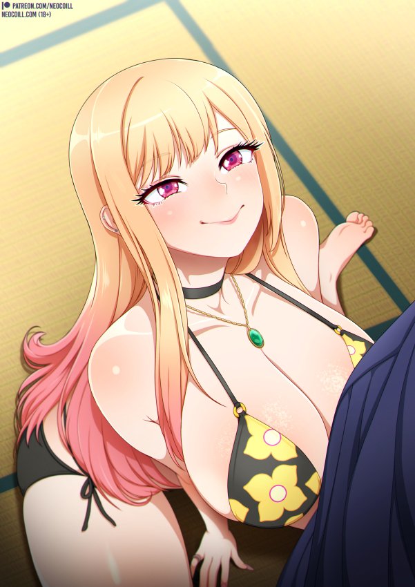 1boy, 1girls, big breasts, blonde hair, blush, breasts, bulge, cg, choker, duo, erection, erection under clothes, female, gojou wakana, gyaru, kitagawa marin, long hair, male, necklace, neocoill, penis, pink eyes, smile, sono bisque doll wa koi wo suru, thick thighs, veiny penis