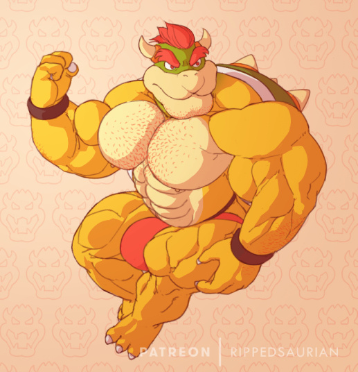 abs bodybuilder bowser bulge chest_hair claws flaccid hairy jockstrap koopa male_only mario_(series) muscular muscular_anthro muscular_arms muscular_male muscular_thighs nintendo nipples red_eyes red_hair ripped-saurian solo solo_male spikes stubble wrist_cuffs