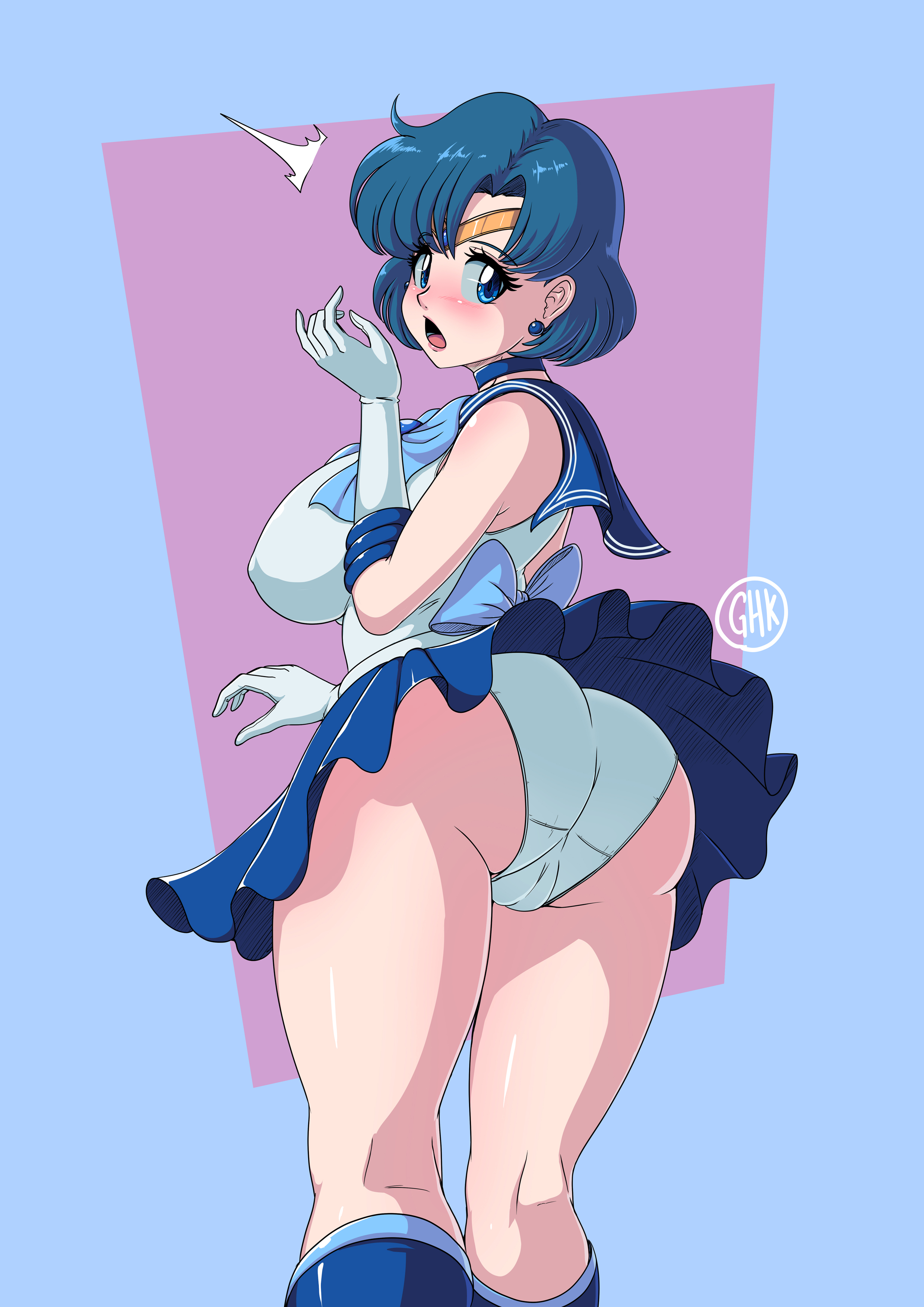 1girls, accidental exposure, ami mizuno, ass, bare legs, bare thighs, big ass, big breasts, big butt, bishoujo senshi sailor moon, blue eyes, blue hair, blunt bangs, blush, boots, bottom heavy, breasts, bubble ass, bubble butt, cameltoe, clothing, crown, exposed panties, female, female only, ghkuinli, gloves, huge ass, large breasts, light skin, light-skinned female, looking back, magic, omegalife, open mouth, panties, petite, pussy, rear view, round ass, sailor mercury, shirt, short hair, skirt, skirt lift, solo, solo focus, underwear, upskirt, wind lift