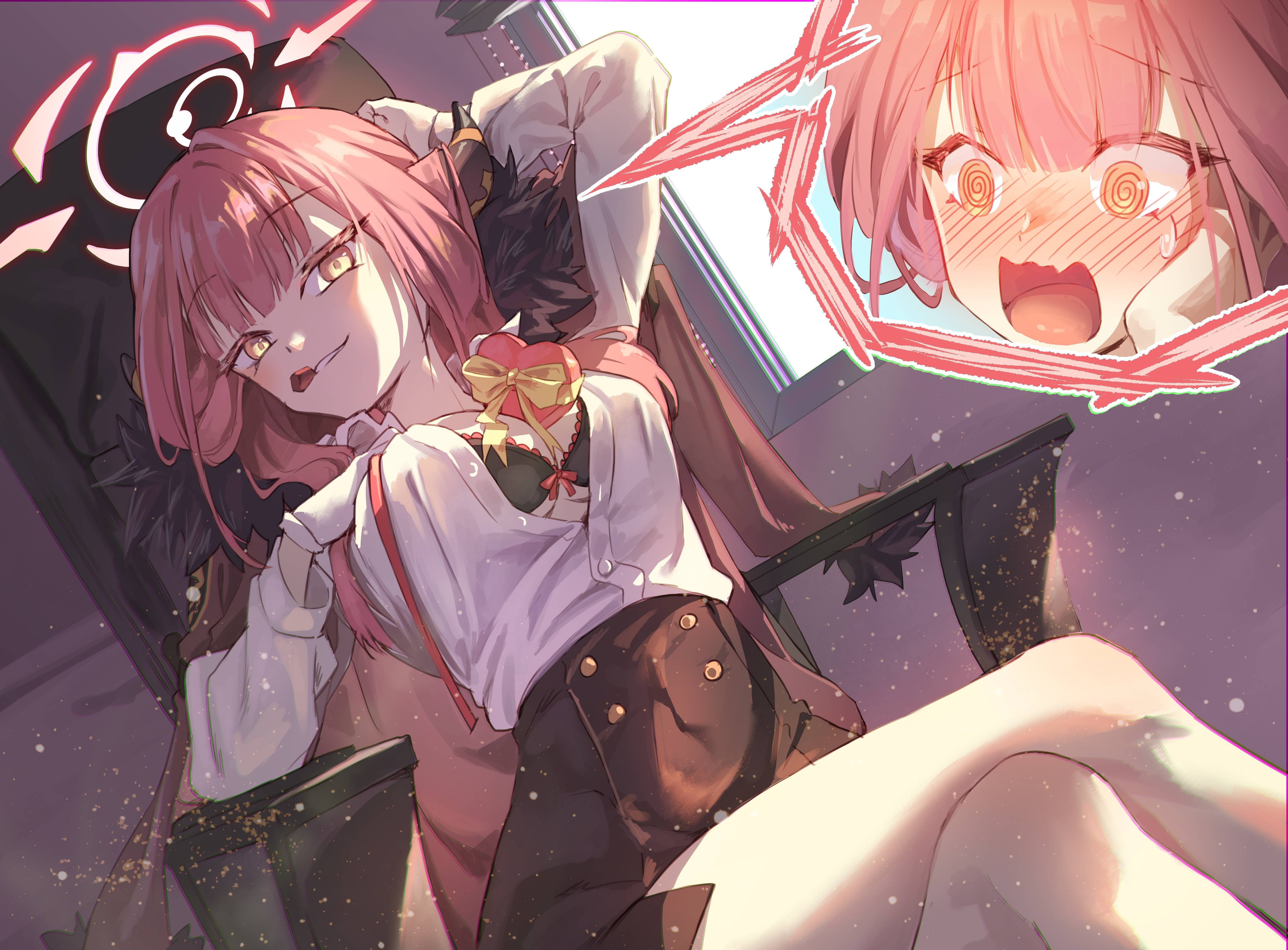 1girls, absurd res, aru (blue archive), between breasts, black bra, blue archive, blush, box, bra, breasts, business suit, chair, crossed legs, dress, female, flustered, formal, fur trim, gehenna academy student, gift, gift box, gloves, halo, hand on breast, heart-shaped box, highres, horns, large breasts, long hair, open clothes, open mouth, open shirt, problem solver 68 (blue archive), red hair, shirt, sitting, smirk, solo, suit, underwear, wavy mouth, window, yellow eyes, zanunoll