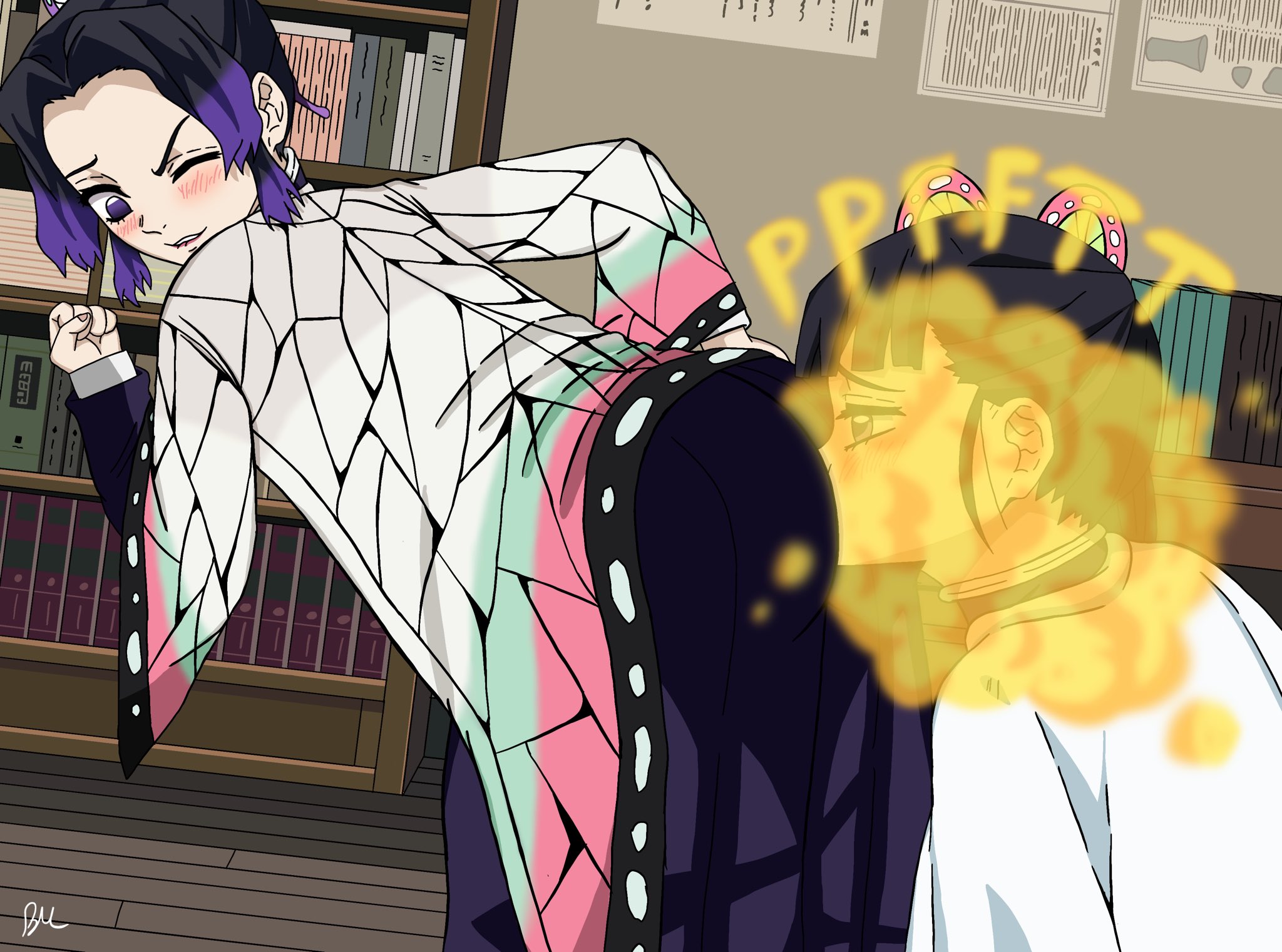 2girls, beanermane, biting lip, black hair, blush, demon slayer, face in ass, fart, fart cloud, fart fetish, farting, farting in face, female, kimetsu no yaiba, kochou shinobu, looking back, multiple females, multiple girls, one eye closed, purple eyes, tsuyuri kanao, yuri