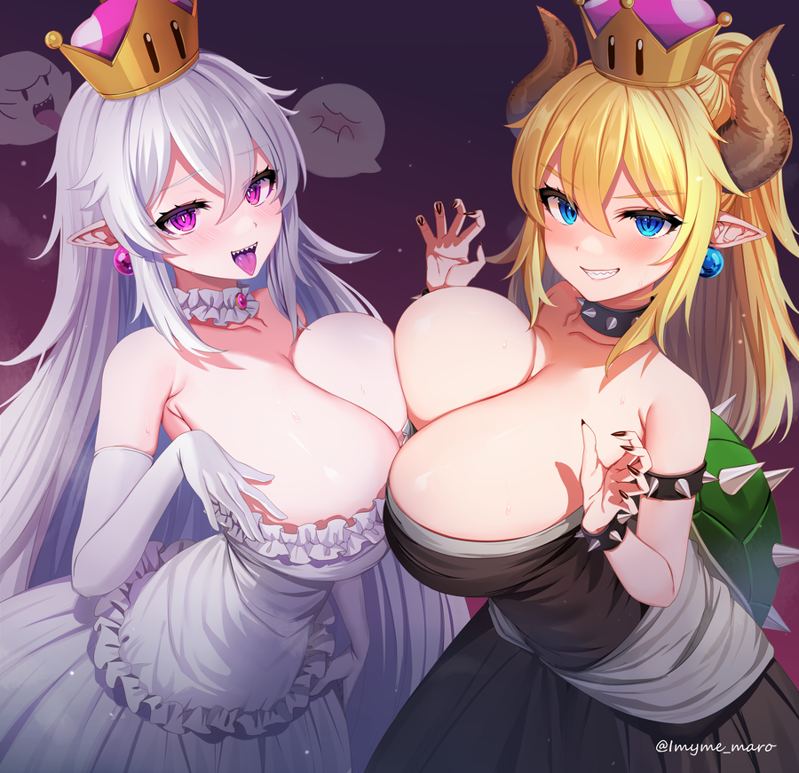 2022 2girls artist_signature black_dress black_nails blonde_hair blue_eyes blush boo_(mario) boosette bowsette breast_to_breast breasts cleavage crown dress earrings female female_only genderswap_(mtf) grabbing_own_breast hips huge_breasts item long_fingernails long_hair long_nails looking_at_viewer mario_(series) marota_(imyme_maro) nail_polish naughty_face new_super_mario_bros._u_deluxe nintendo partially_clothed pointy_ears pointy_teeth purple_eyes rule_63 simple_background slim_waist smile spiked_armlet spiked_bracelet spiked_choker spiked_shell suggestive_look super_crown super_mario_bros. symmetrical_docking tongue tongue_out white_dress white_hair wide_hips