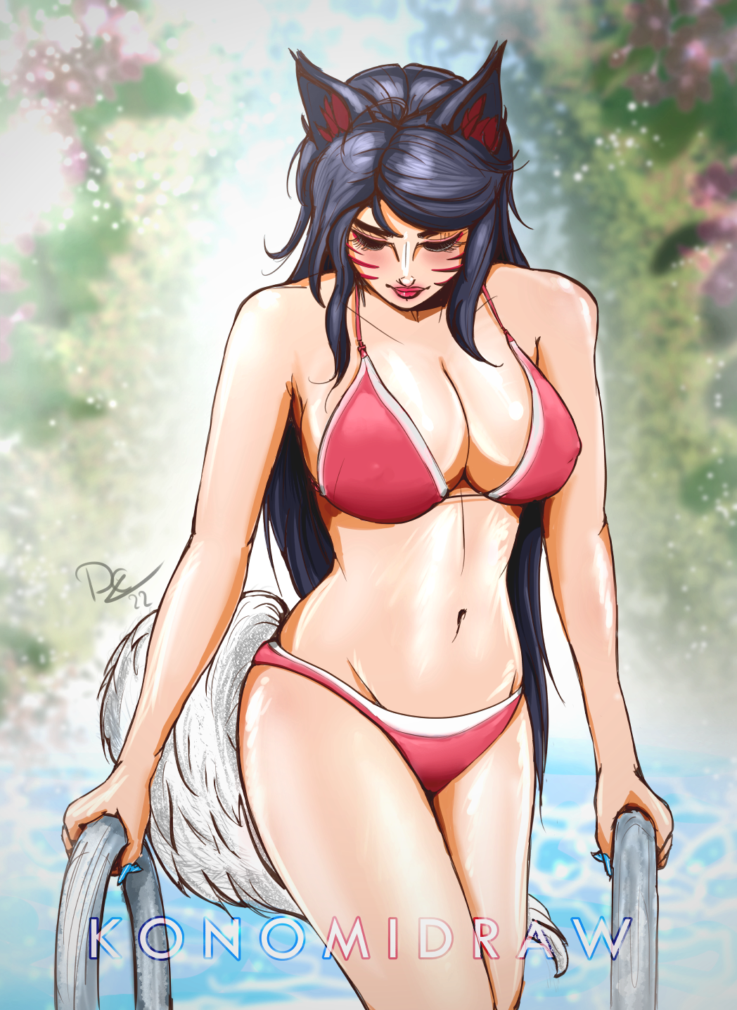 1girls, 2022, 2d, 2d (artwork), ahri, artist signature, ass, athletic, athletic female, big ass, big breasts, bikini, black hair, blue nails, blurry background, blush, breasts, bright background, clear sky, erect nipples, eyelashes, facial markings, female, female only, floral background, fox, fox ears, fox girl, fox tail, grabbing, hair down, konomidraw, large breasts, league of legends, light skin, light-skinned female, long hair, looking down, makeup, nail polish, nature, navel, nipples, nipples visible through clothing, no sex, not ai generated, outdoors, outside, pool, questionable, railing, realistic breast size, realistic proportions, red bikini, red lipstick, riot games, shiny, solo, solo female, standing, straight hair, swimsuit, tail, thick thighs, thong, tight clothing, vastaya, water