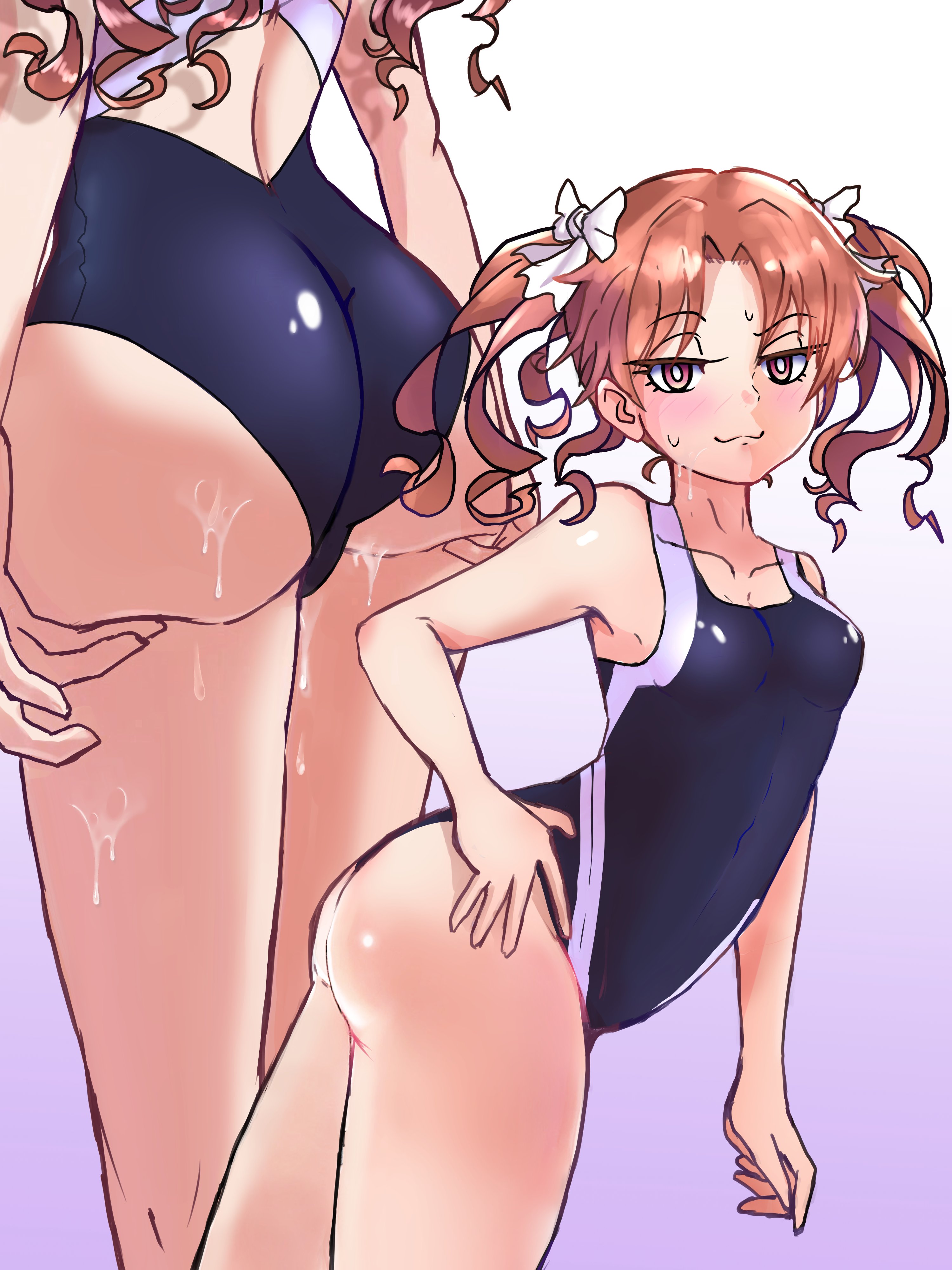 1girls, absurd res, ass, ass grab, blush, breasts, brown hair, clothed, clothed female, clothing, competition swimsuit, cum on ass, cum on face, ebora, eyebrows visible through hair, female, female focus, female only, flat chest, hair ornament, hair ribbon, hairbow, hand on ass, hand on hip, one-piece swimsuit, pink eyes, school swimsuit, shirai kuroko, small breasts, solo, solo female, solo focus, sukumizu, sweat, sweatdrop, swimsuit, teenage female, teenager, to aru kagaku no railgun, to aru majutsu no index, tokiwadai school swimsuit, twintails, white bow, youngmanisdown