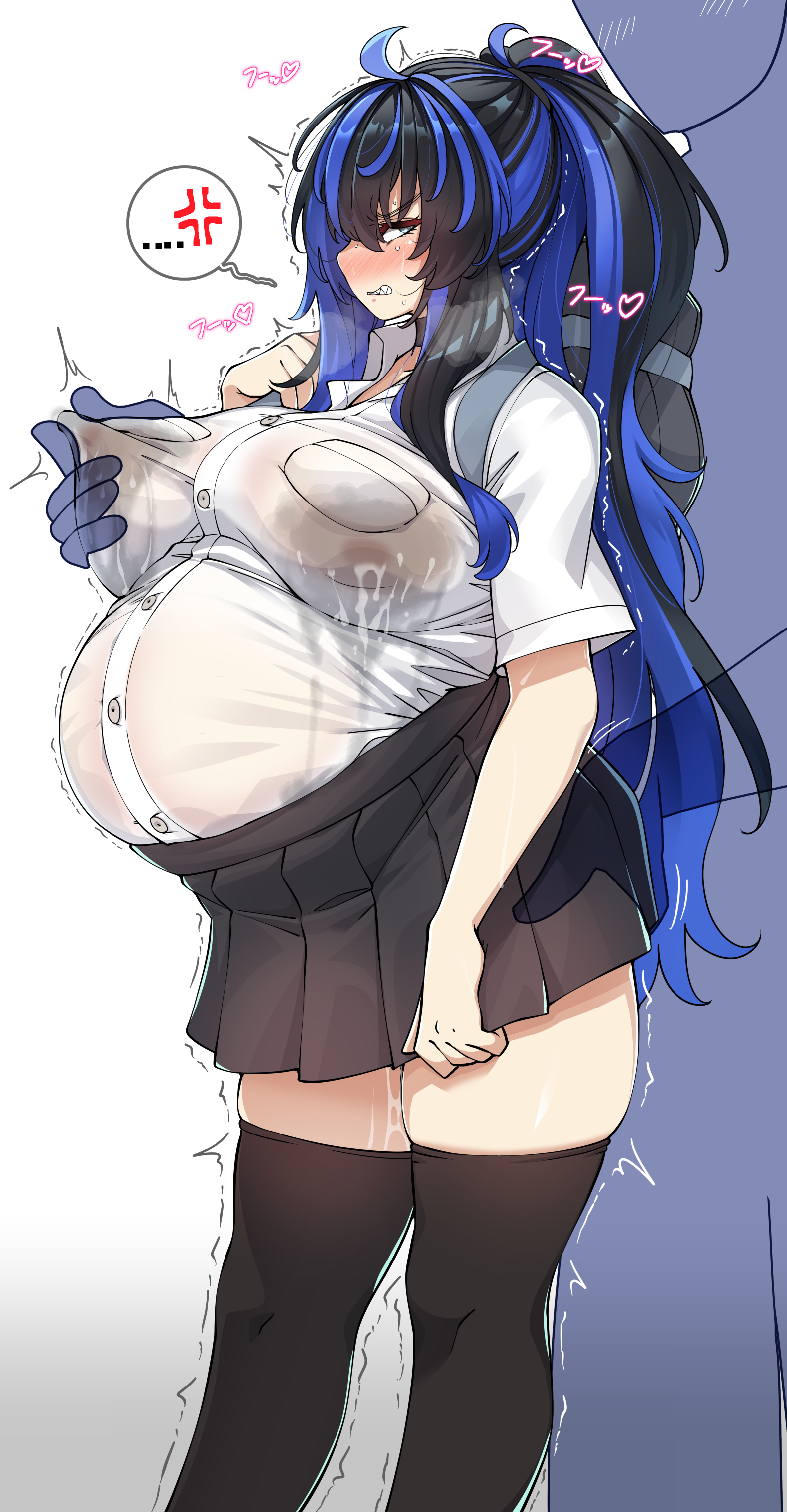 1other, absurdres, ambiguous gender, anger vein, angry, ass, ass grab, bangs, big belly, black hair, black legwear, blue hair, blush, breast grab, breasts, curvy, dark nipples, delinquent turned wife (konoshige), dress shirt, female, grabbing, highres, huge breasts, konoshige (ryuun), lactation, lactation through clothes, long hair, male, multicolored hair, nipple tweak, nipples, original, plump, pregnant, pussy, pussy juice, ryuun (stiil), see-through shirt, sharp teeth, shirt, simple background, skirt, solo focus, straight, streaked hair, teeth, thick thighs, thighhighs, thighs