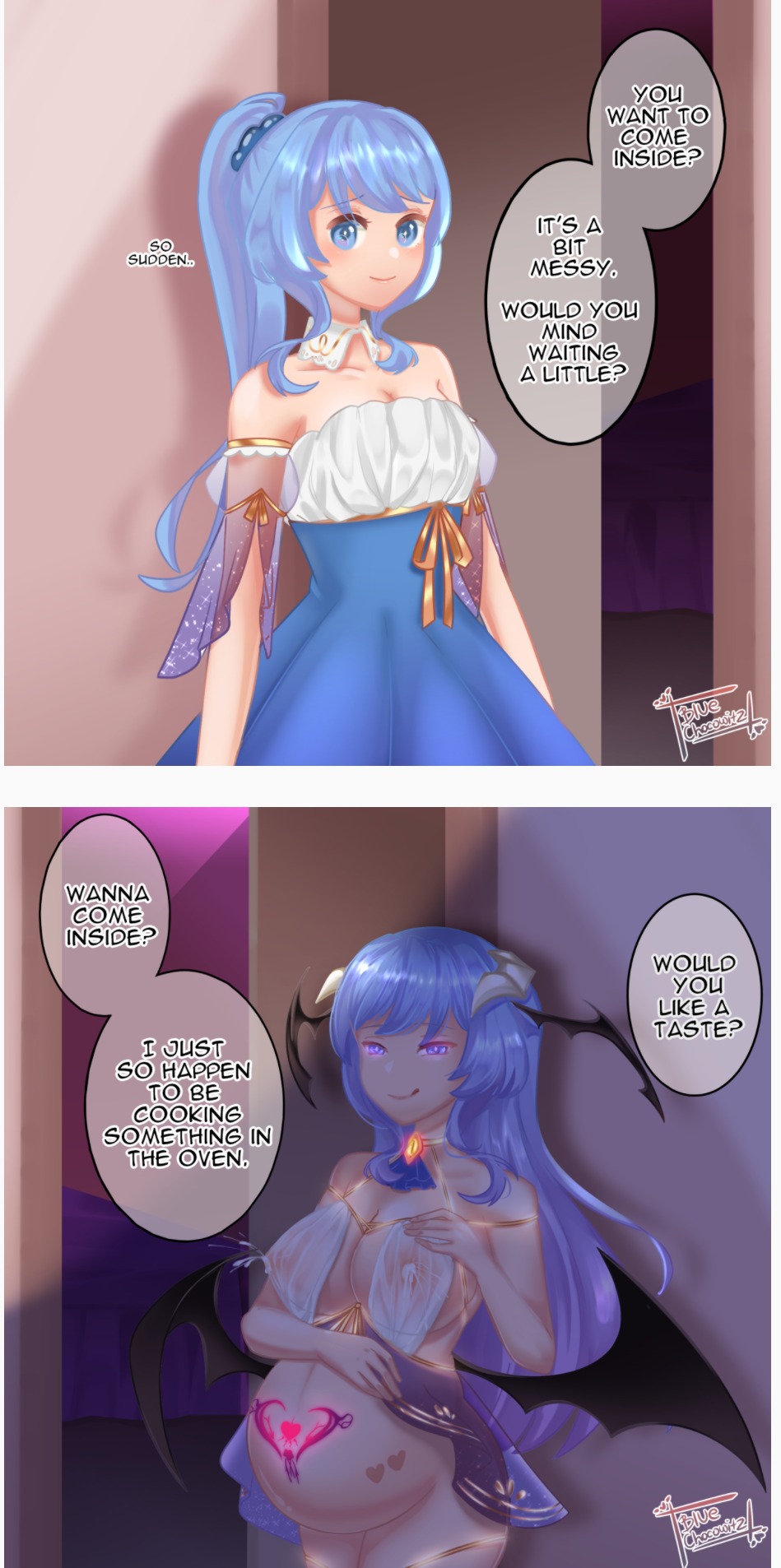1girls, 2022, before and after, before and during pregnancy, blue hair, bluechocowitz, corruption, demon, demon girl, female, female only, lactation, lactation through clothes, original character, pregnancy tally, pregnant, solo, stomach tattoo, succubus, transparent clothing