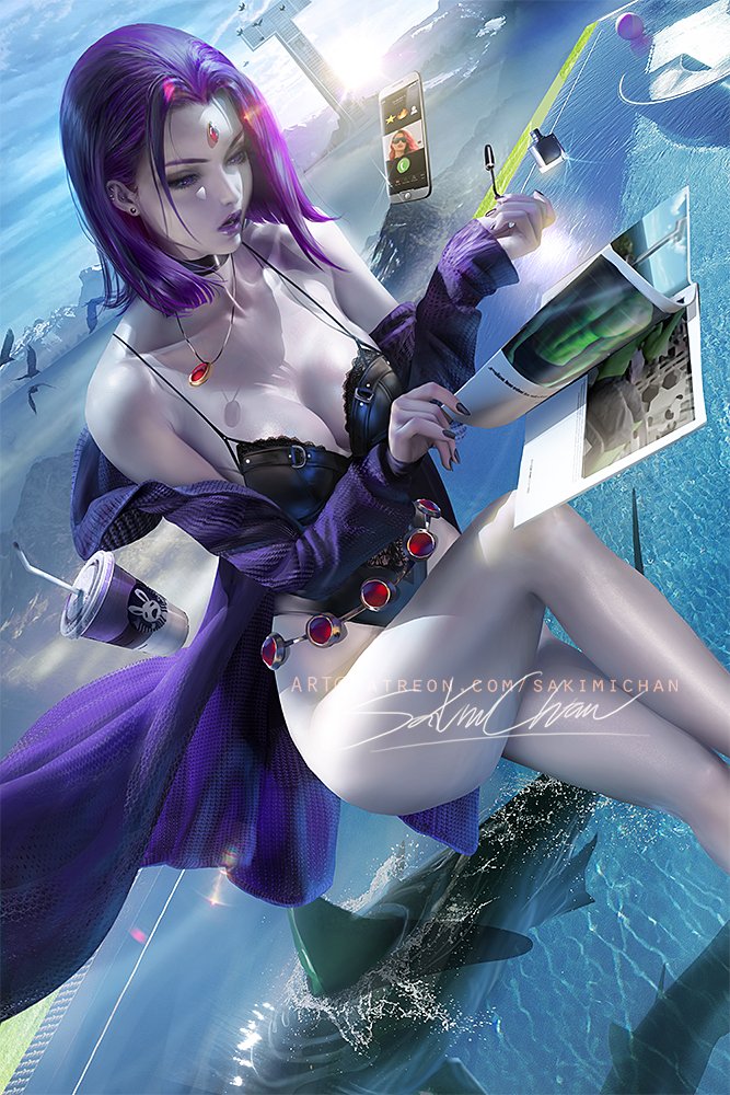 1girls, 2022, artist signature, bare legs, beast boy, big breasts, breasts, dc, dc comics, drink, female, female only, floating, forehead jewel, goth, goth girl, grey skin, hips, levitation, lipstick, magazine, outdoors, outside, phone, purple eyes, purple hair, purple lipstick, rachel roth, raven (dc), reading, sakimichan, short hair, slim waist, smooth skin, teen titans, thick lips, thick thighs, thighs, watermark, wide hips