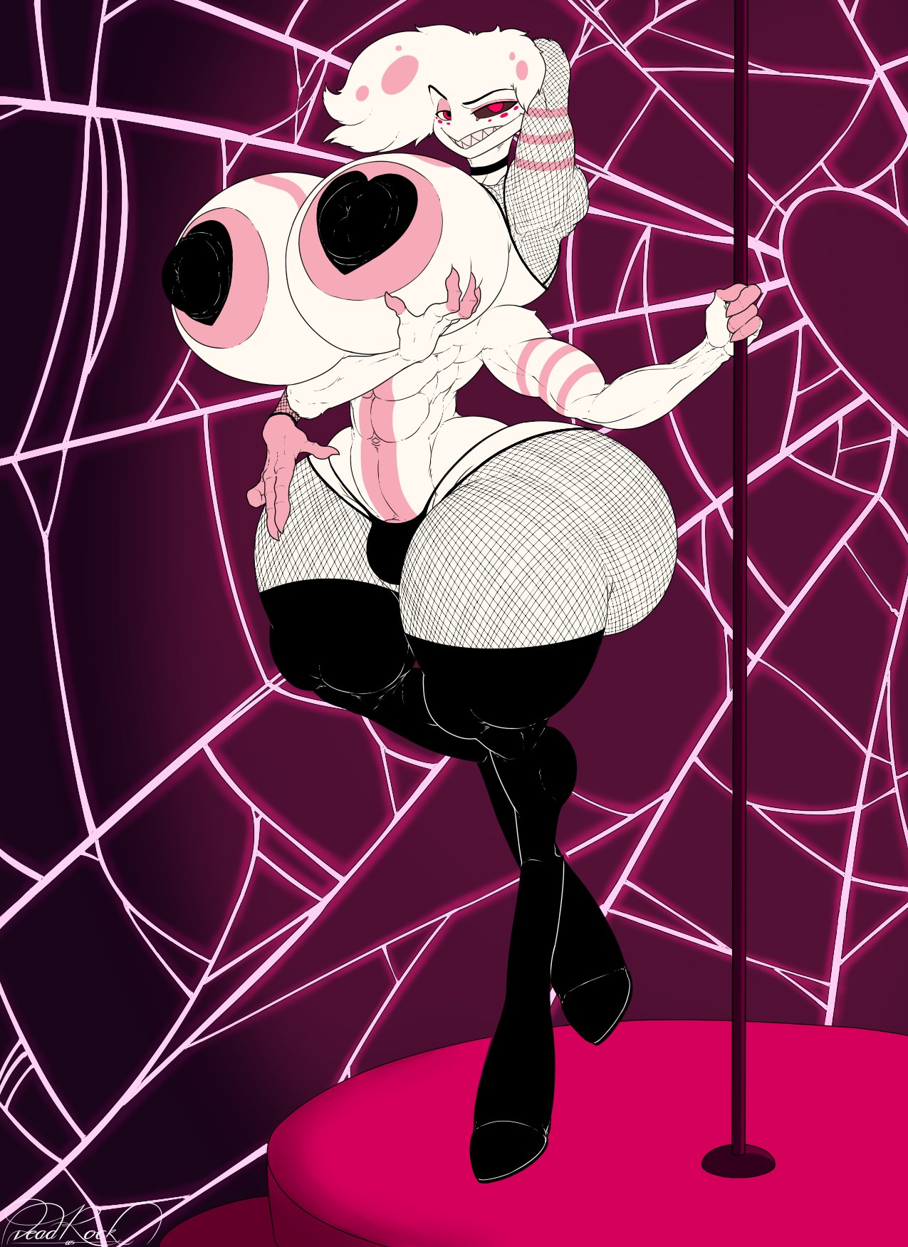 angel dust (hazbin hotel), ass, big ass, big butt, breasts, deadrock005, femboy, fishnets, hazbin hotel, huge ass, huge breasts, male, male with breasts, muscular, nipple pasties, stripper pole, thong
