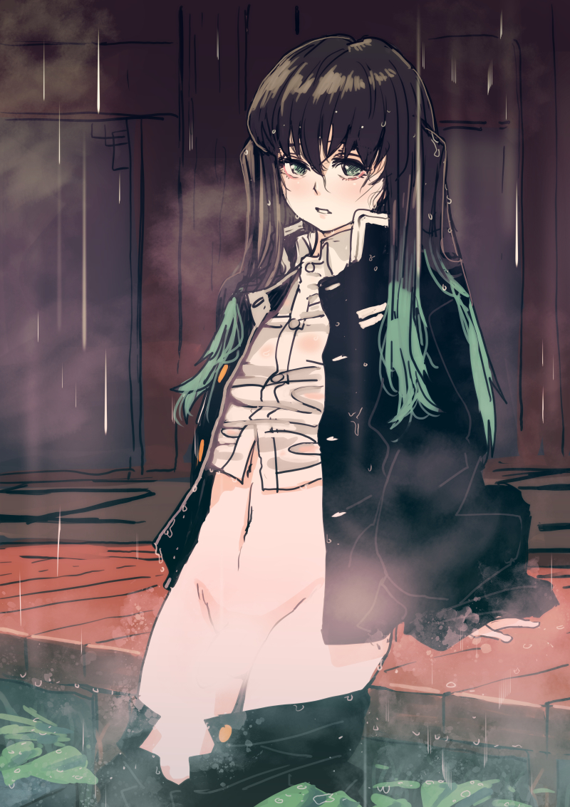 androgynous black_hair breath butcherboy censored demon_slayer detailed_background femboy kimetsu_no_yaiba long_hair long_hair_male looking_at_viewer male male_only muichiro_tokitou open_clothes pale-skinned_male pale_skin pants_down rain shirt_up solo teal_eyes two_tone_hair wet wet_clothes wet_hair