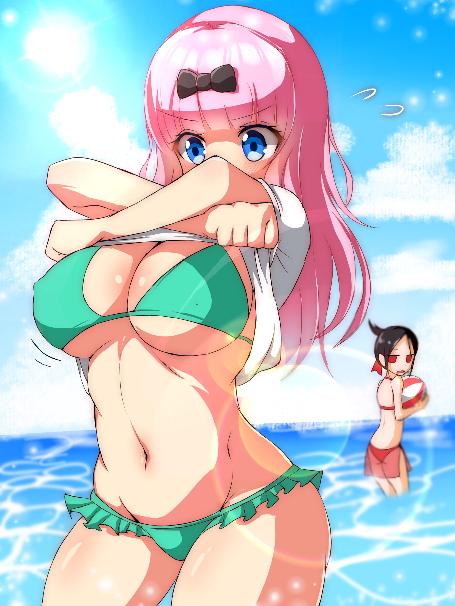 2girls, beach, bikini, black hair, blue eyes, breast envy, breasts, female, female only, fujiwara chika, kaguya-sama wa kokurasetai ~tensai-tachi no renai zunousen~, large breasts, long hair, pink hair, red eyes, shinomiya kaguya, shiny skin, shirt up, thick thighs, wide hips, yuzuringo