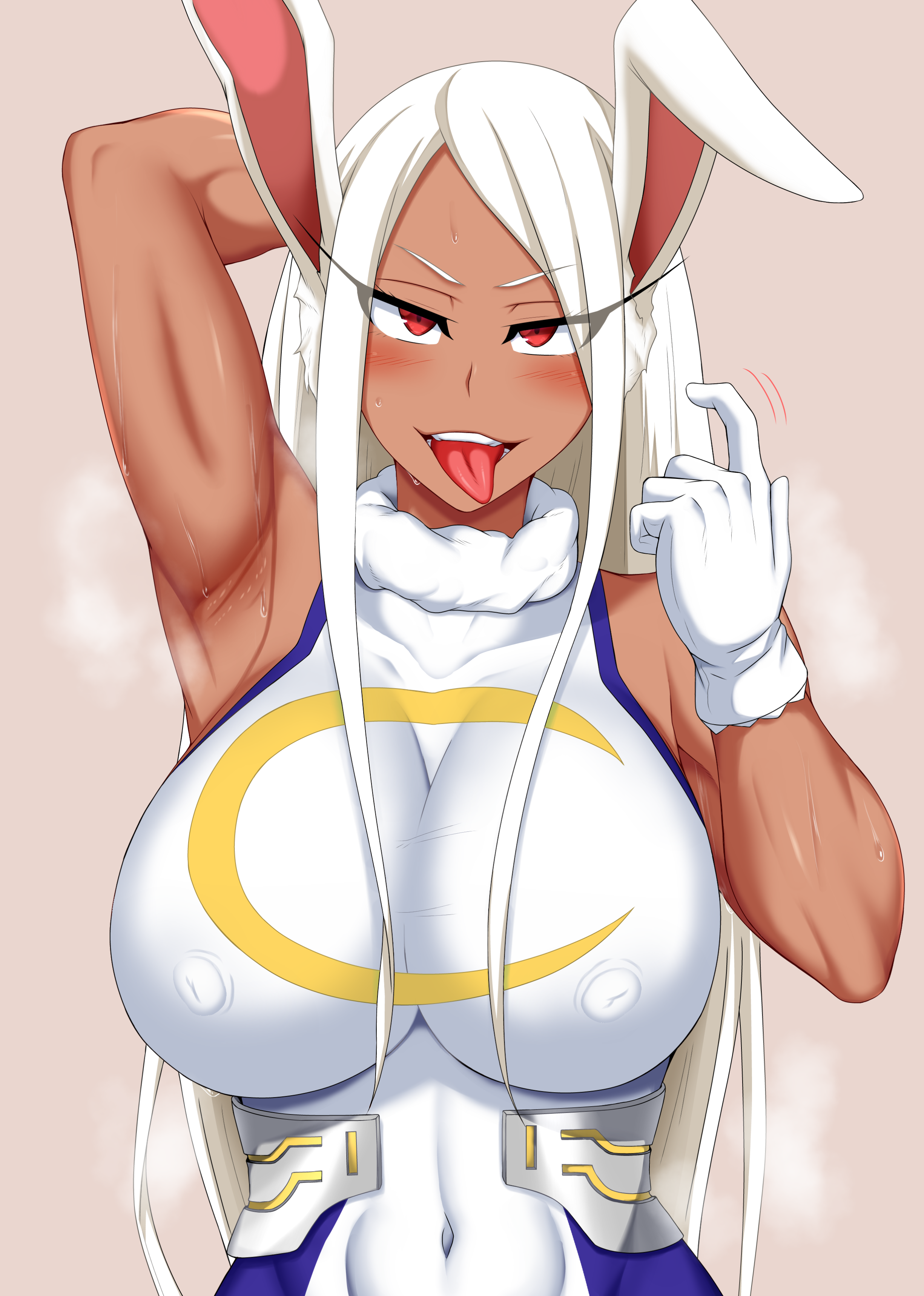 1girls, 2022, arm behind head, arm up, armpits, blush, breasts, clothed, clothed female, dark skin, dark-skinned female, erect nipples, erect nipples under clothes, female, female only, hero outfit (mha), hi res, huge breasts, long hair, miruko, murasame (pixiv 38411450), my hero academia, naughty face, nipple bulge, nipples, rabbit ears, red eyes, rumi usagiyama, simple background, slim waist, steam, steaming body, suggestive look, sweat, sweaty body, tight clothing, tongue, tongue out, white clothing, white hair