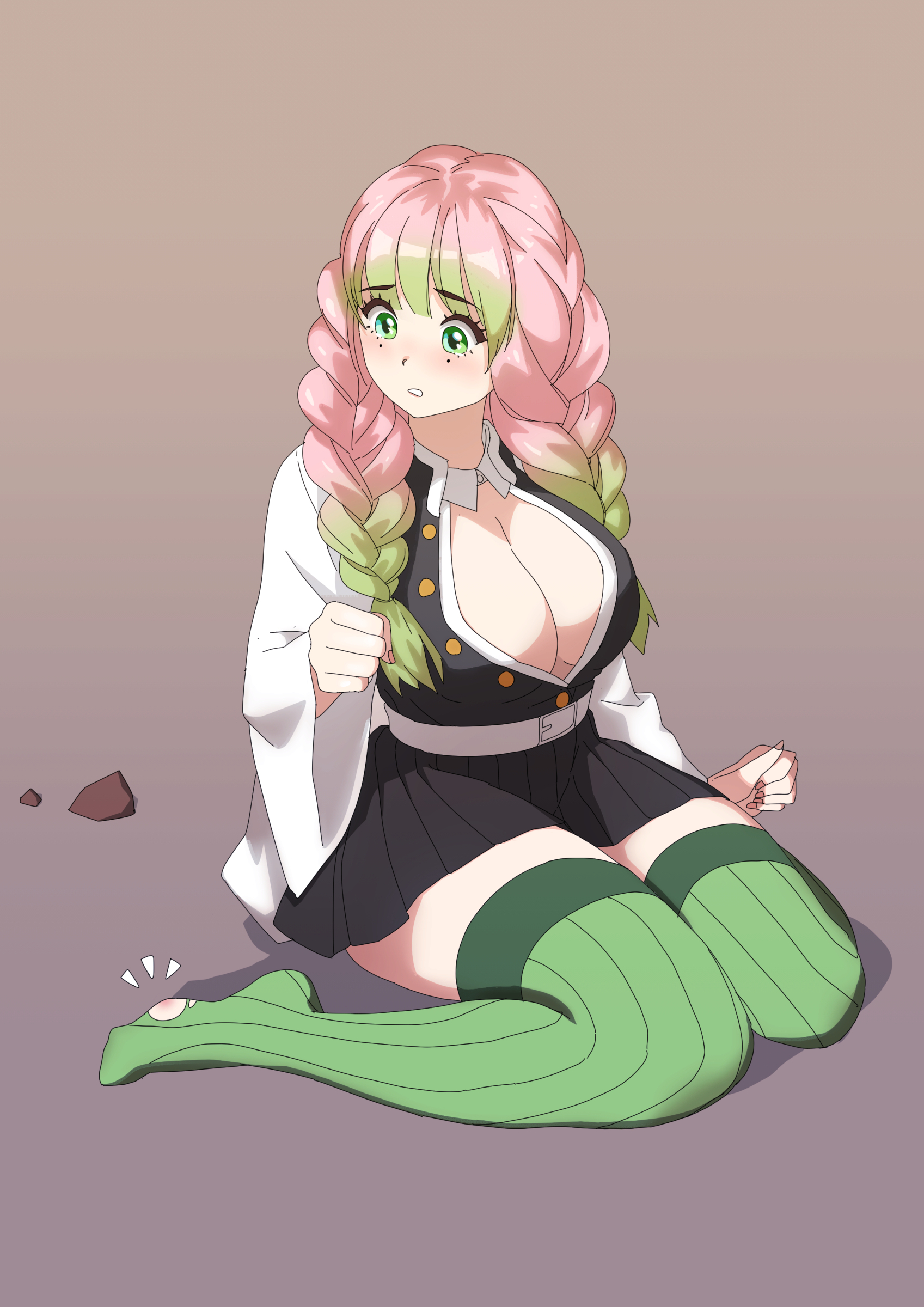 1girls, bangs, big breasts, boob window, braided hair, breasts, cleavage, demon slayer, female, female only, full body, gradient hair, green eyes, haori, kanroji mitsuri, kimetsu no yaiba, long hair, mole under eye, no bra, no shoes, open shirt, pink hair, pink-haired female, pleated skirt, popuka9, simple background, sitting, solo, thick thighs, thighhighs, torn legwear, two-tone hair, uniform, wariza