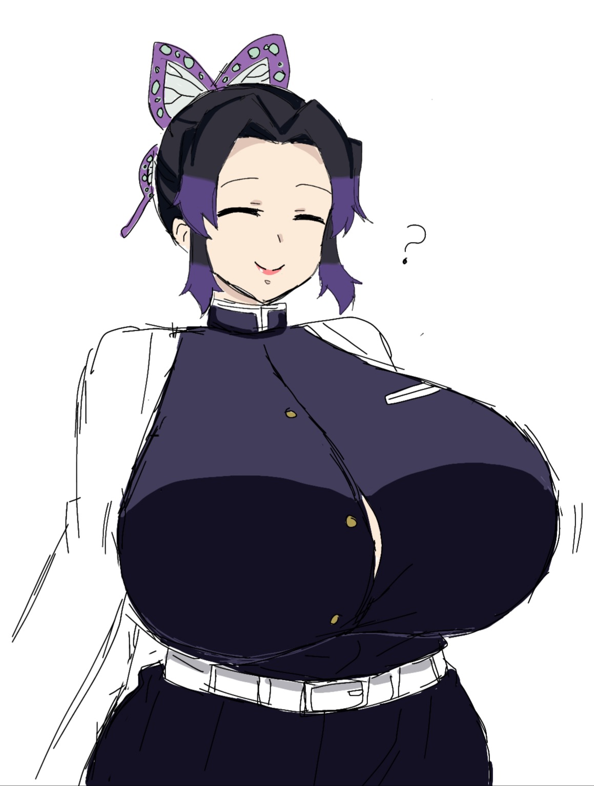 ?, 1girls, alternate breast size, black hair, breasts, butterfly hair ornament, closed eyes, clothed, demon slayer, enormous breasts, female, female only, fully clothed, gigantic breasts, huge breasts, kimetsu no yaiba, kochou shinobu, large breasts, momiji (artist), smile, solo, two-tone hair, uniform, venus body