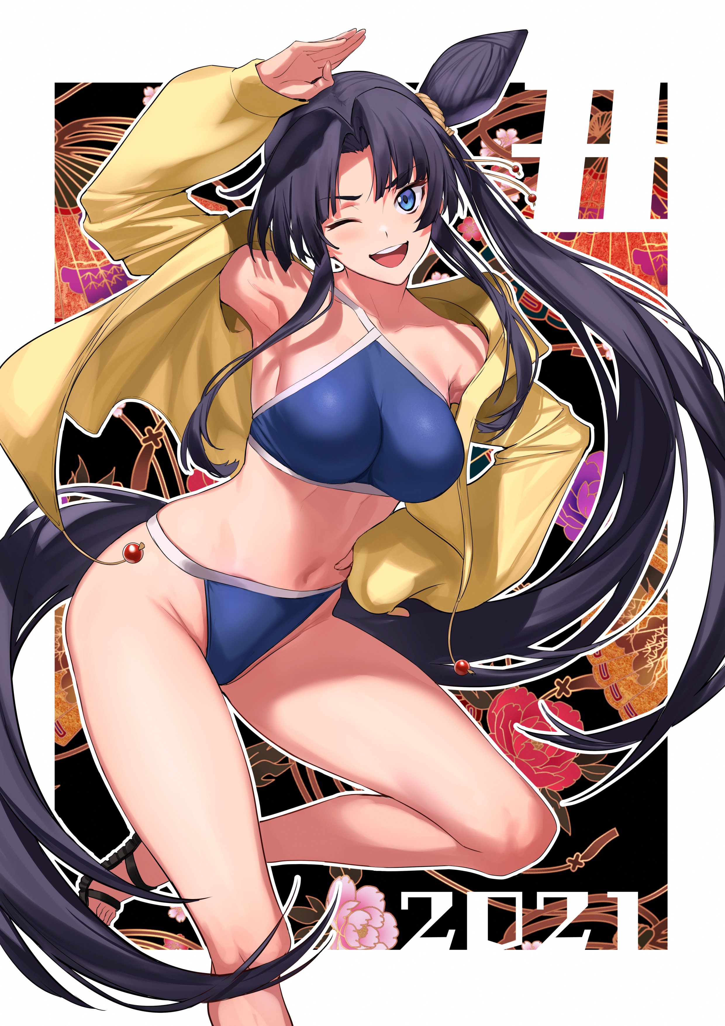 armpits, black hair, blue eyes, breasts, fate (series), fate/grand order, female, greeting, large breasts, midriff, one eye closed, open mouth, side ponytail, sideboob, swimsuit, thick thighs, ulrich (tagaragakuin), ushiwakamaru (fate), ushiwakamaru (fate/grand order), ushiwakamaru (swimsuit assassin) (fate), yellow jacket