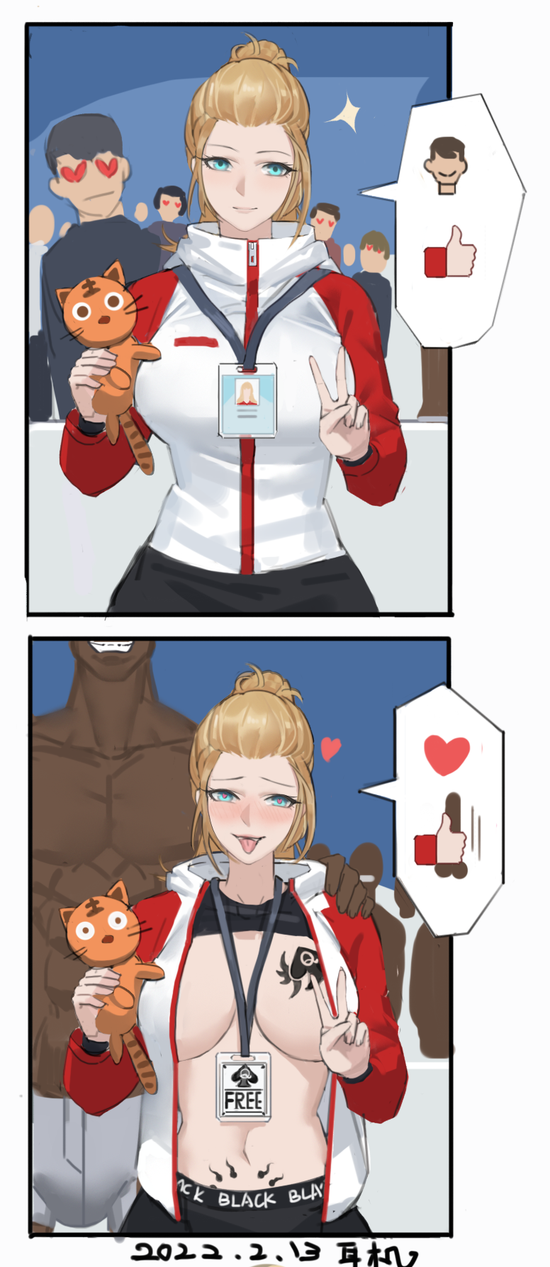 1boy 1girls blkush blonde_hair blue_eyes china dark-skinned_male esun256 free_use hand_on_shoulder heart-shaped_pupils interracial jacket looking_at_viewer olympics original pixiv_id_77500048 queen_of_spades slq spade tattoo tongue tongue_out winter