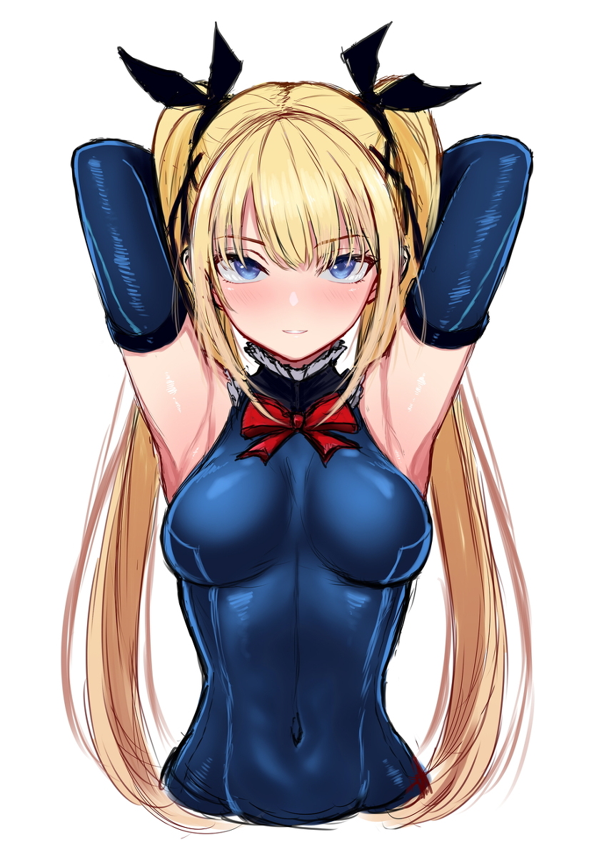 1girls, armpits, arms up, aroused, black ribbon, blonde hair, blue eyes, blush, bow, breasts, clothed, clothing, cropped torso, dead or alive, dead or alive 5, elbow gloves, female, female only, frilled leotard, frills, fully clothed, gloves, hair ribbon, highres, intoz, leotard, light skin, light-skinned female, long hair, looking at viewer, marie rose, marie rose (devilish servant against the splashing waves), petite, ribbon, solo, teenage female, teenager, tight clothing, twintails