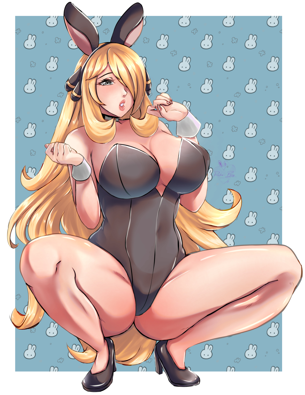 1girls bare_legs big_breasts black_bunnysuit black_eyes blonde_hair breasts bunny_ears bunnysuit cleavage cynthia_(pokemon) fake_animal_ears female female_only footwear game_freak hair hair_over_one_eye headwear heels high_heels huge_breasts legs lips long_hair mature mature_female mature_woman pokemon pokemon_dppt rinku_bny solo solo_female squatting thick_thighs thighs