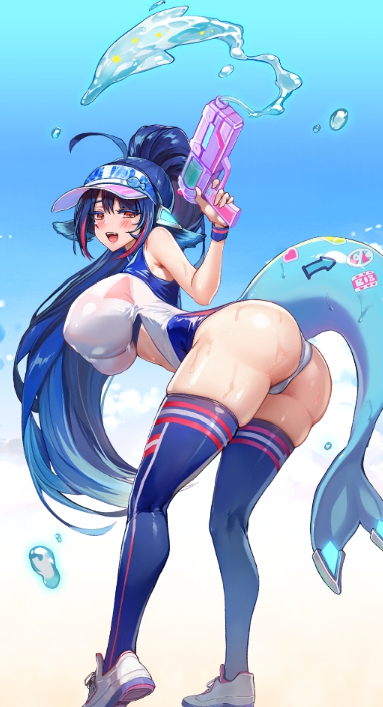 blue_hair blue_legwear blush dark_blue_hair dolly_(project_qt) dolphin_girl dolphin_tail gigantic_breasts nutaku project_qt red_eyes tail_markings water water_gun white_panties