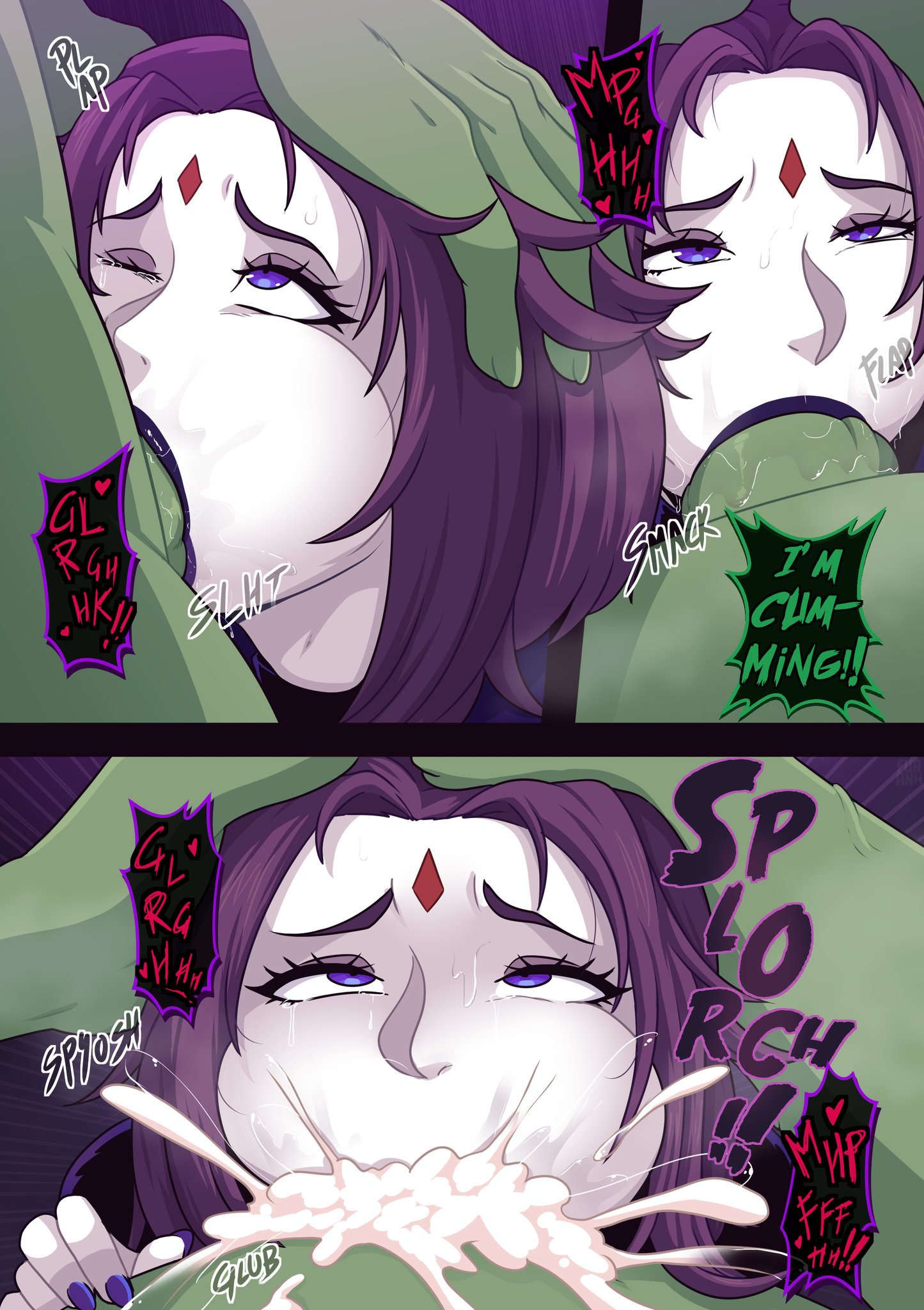 1boy, 1girls, beast boy, blowjob, comic, dc, dc comics, deepthroat, face fucking, fellatio, female, furanh, huge cock, male, penis, rachel roth, raven (dc), tagme, teen titans