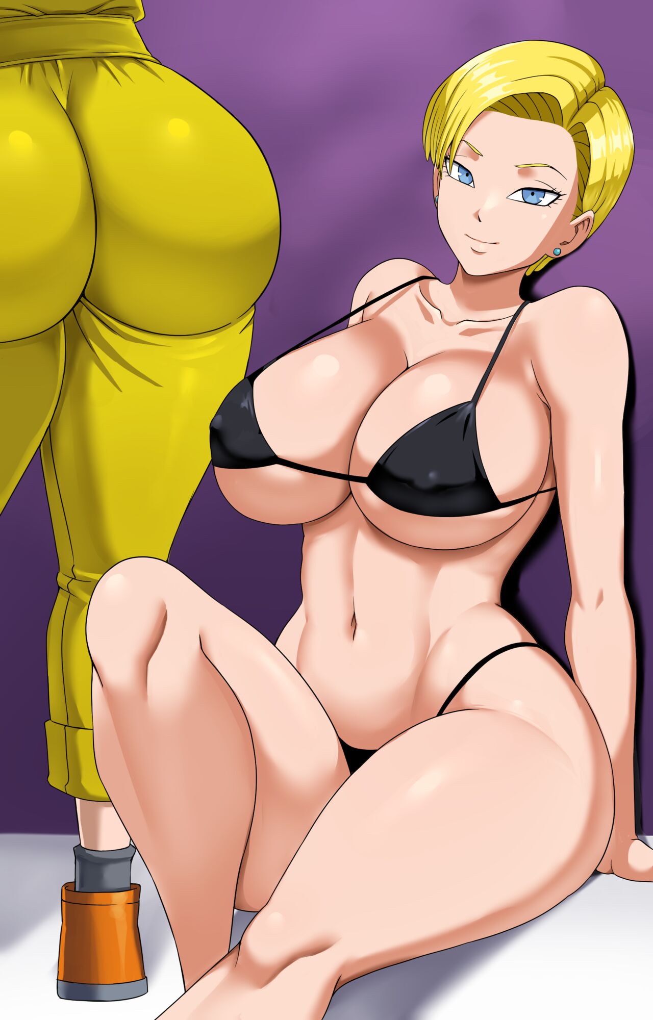 2girls android_18 ass bikini black_bikini blonde_hair breasts bubble_ass bubble_butt bulma_briefs bulma_briefs_(dragon_ball_super_superhero) cleavage dragon_ball dragon_ball_super_super_hero faceless faceless_female highres huge_breasts large_breasts looking_at_viewer multiple_girls pinkpawg sitting standing swimsuit thick_ass thick_thighs voluptuous voluptuous_female