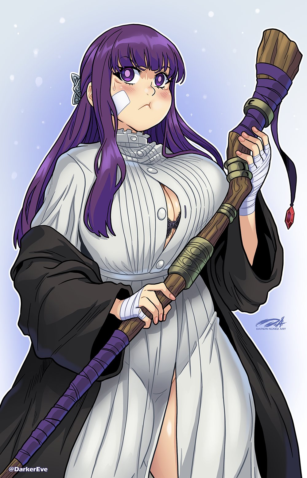 1girls :t bandaged_hands bandaid bandaid_on_cheek big_breasts blush darkereve dress female female_only fern_(sousou_no_frieren) hi_res long_hair magic_staff pout purple_eyes purple_hair solo sousou_no_frieren staff thick_thighs