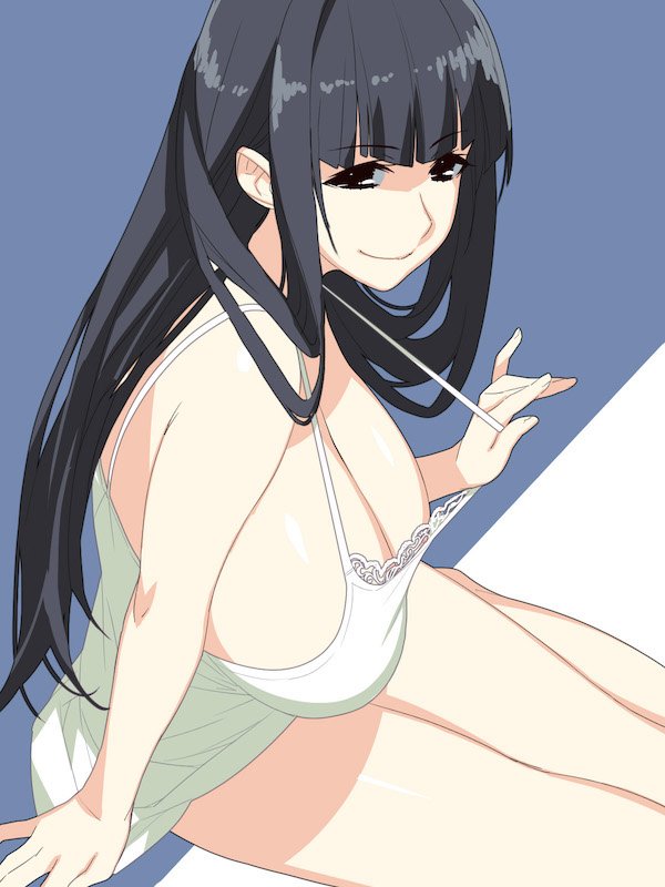 babydoll bare_legs black_eyes black_hair breasts huge_breasts ino_(magloid) long_hair niizuma_koyomi no_bra smile solo strap_pull uikawa_shino very_long_hair