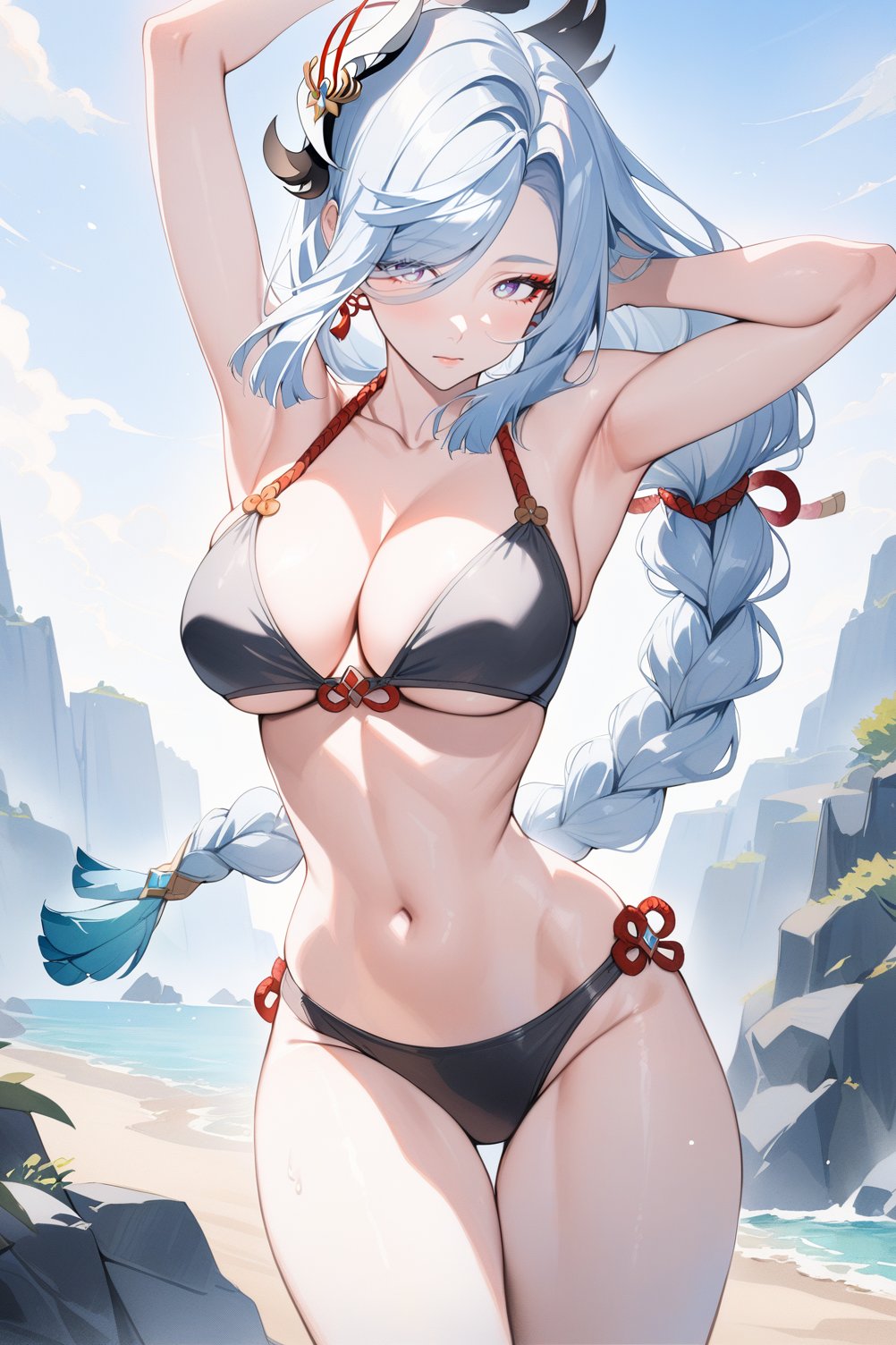 ai generated, arms behind head, beach, belly button, big breasts, bikini, blush, braided ponytail, breasts, earrings, female, genshin impact, hair ornament, long hair, looking at viewer, setsuaiart, shenhe (genshin impact), slim waist, teenager, thick thighs, white hair, wide hips, young, younger female