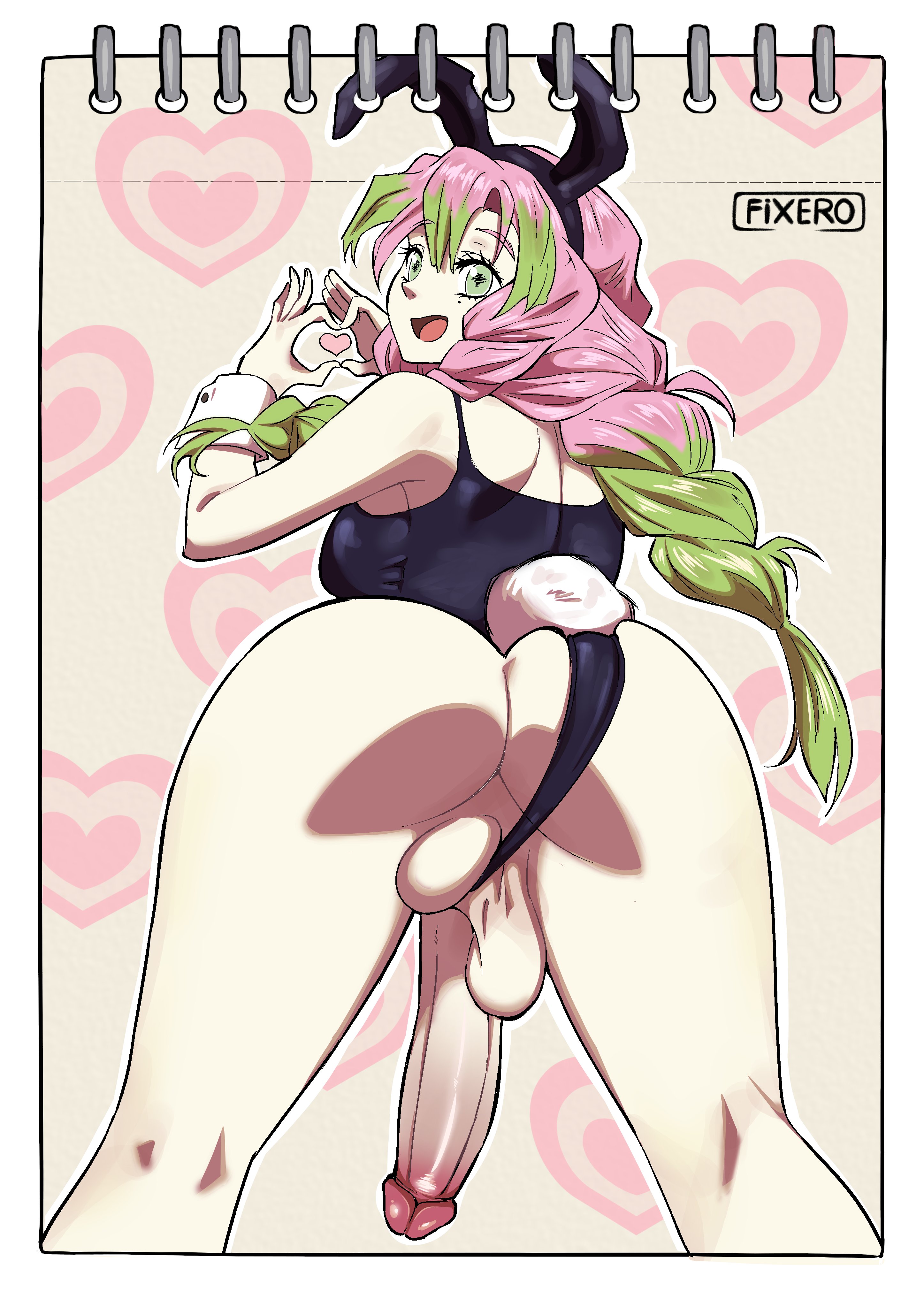1futa, ass, back, backboob, balls, big ass, big penis, black bunny ears, black bunnysuit, bottomless, breasts, bunny ears, bunny tail, bunnysuit, clothed, clothing, demon slayer, erect penis, erection, fake animal ears, fake tail, fixero, futa only, futanari, green eyes, green highlights, hair, hanging balls, hanging penis, heart, heart hands, human, intersex, kanroji mitsuri, kimetsu no yaiba, light skin, light-skinned futa, looking back, partially clothed, penis, pink hair, smooth balls, smooth penis, solo, solo futa, standing, thighs, twintails