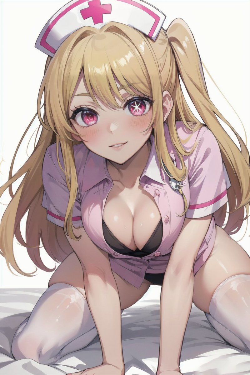 ai generated, bending forward, bending over, bent over, big breasts, black bra, blonde hair, blush, bra, breasts, close-up, curvy figure, dress, female, hi res, hoshino ruby, leaning forward, long hair, looking at viewer, medium breasts, nurse, nurse cap, nurse uniform, oshi no ko, panties, purple eyes, seductive look, setsuaiart, skirt, solo focus, thick thighs, thighhighs, thighs, underwear, upskirt