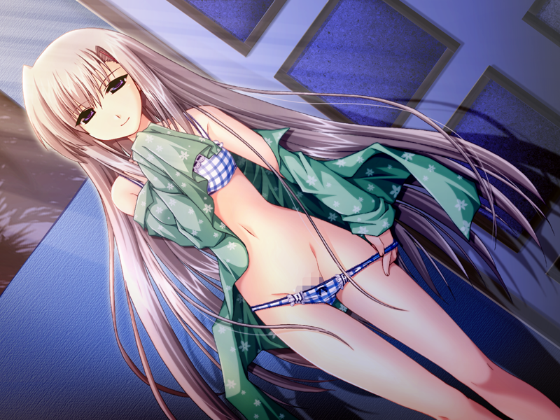 akizuki_kasumi alpha_(yukai_na_nakamatachi) bangs bow_panties bra brown_eyes censored closed_mouth dutch_angle female floating_hair game_cg green_shirt groin hair_between_eyes long_hair looking_at_viewer mosaic_censoring navel open_clothes open_shirt panties panty_pull plaid plaid_bra plaid_panties print_shirt pulled_by_self shiny shiny_hair shirt silver_hair smile solo standing sunlight tamayura_(akabei_soft) thigh_gap underwear very_long_hair