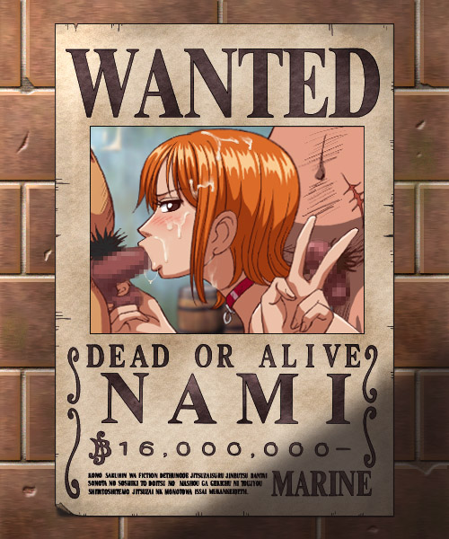 1girls, artist request, censored, english text, fat male, fellatio, female, male, multiple boys, nami (one piece), one piece, orange hair, orange-haired female, peace sign, straight, text, wanted poster