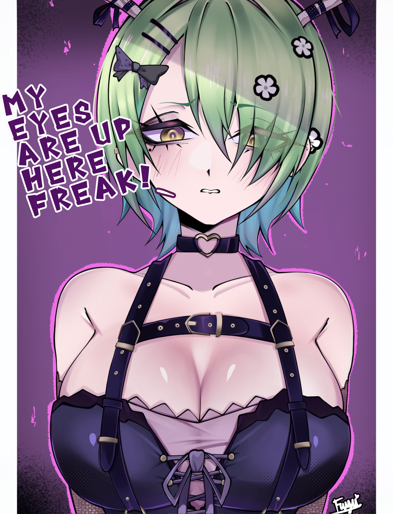 1girls, big breasts, breasts, ceres fauna, ceres fauna (goth costume), cleavage, disgusted, female, fuyudayoneh, goth, goth girl, gothic lolita, green hair, hololive, hololive english, hololive english -council-, hololive english -promise-, large breasts, lolita fashion, short hair, virtual youtuber