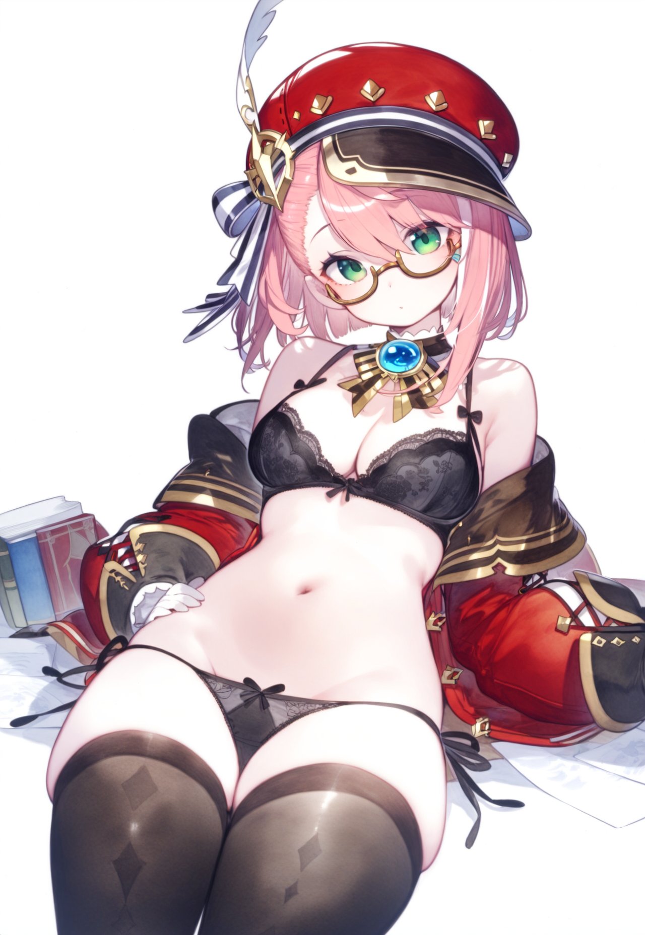 ai generated, belly button, bra, charlotte (genshin impact), female, genshin impact, green eyes, hat, hoyoverse, leaning back, lingerie, lingerie only, looking at viewer, male, open jacket, panties, petite, petite body, petite female, pink hair, setsuaiart, sitting, slim waist, smaller male, stockings, teenager, thighhighs, wide hips