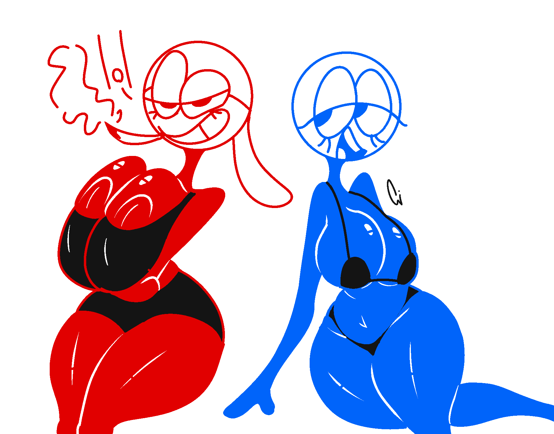 2girls big_breasts bikini blue_(dick_figures) bra breasts clothed clothing curvaceous curvy dick_figures duo female female_only genderswap_(mtf) hat huge_breasts huge_thighs humanoid joint multiple_girls red_(dick_figures) rule_63 simple_background sitting smoke smoking sports_bra stickfigure stickman tagme thick_thighs voluptuous white_background