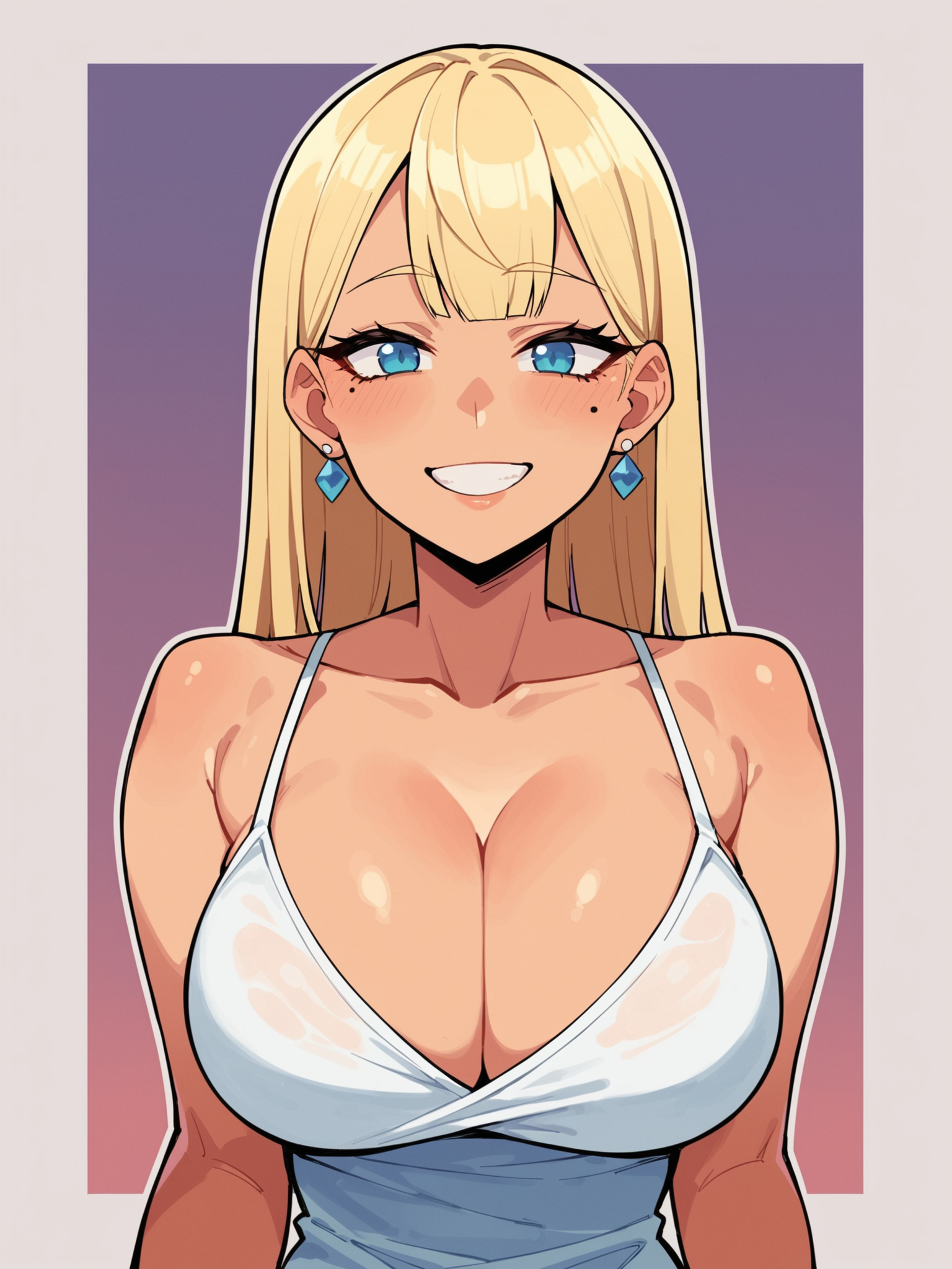 ai generated, big breasts, blonde hair, blue eyes, breasts, cleavage, cute, earrings, female, jorgecarlosai, mole, mole under eye, portrait, smile, solo, tagme, white clothing