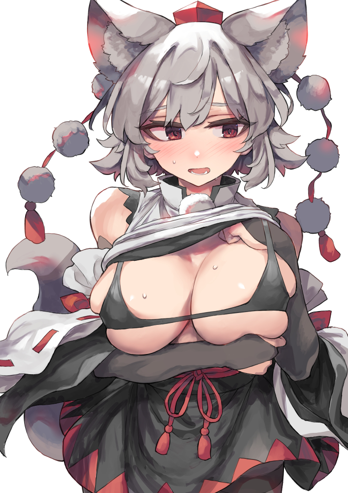 animal_ears bikini bikini_top_only black_bikini blush breasts bridal_gauntlets detached_sleeves female hat inubashiri_momiji large_breasts looking_to_the_side micro_bikini momiji_inubashiri open_mouth red_eyes red_headwear short_hair simple_background solo sweat swimsuit tail tokin_hat touhou tsukeo white_background white_hair wolf_ears wolf_girl wolf_tail