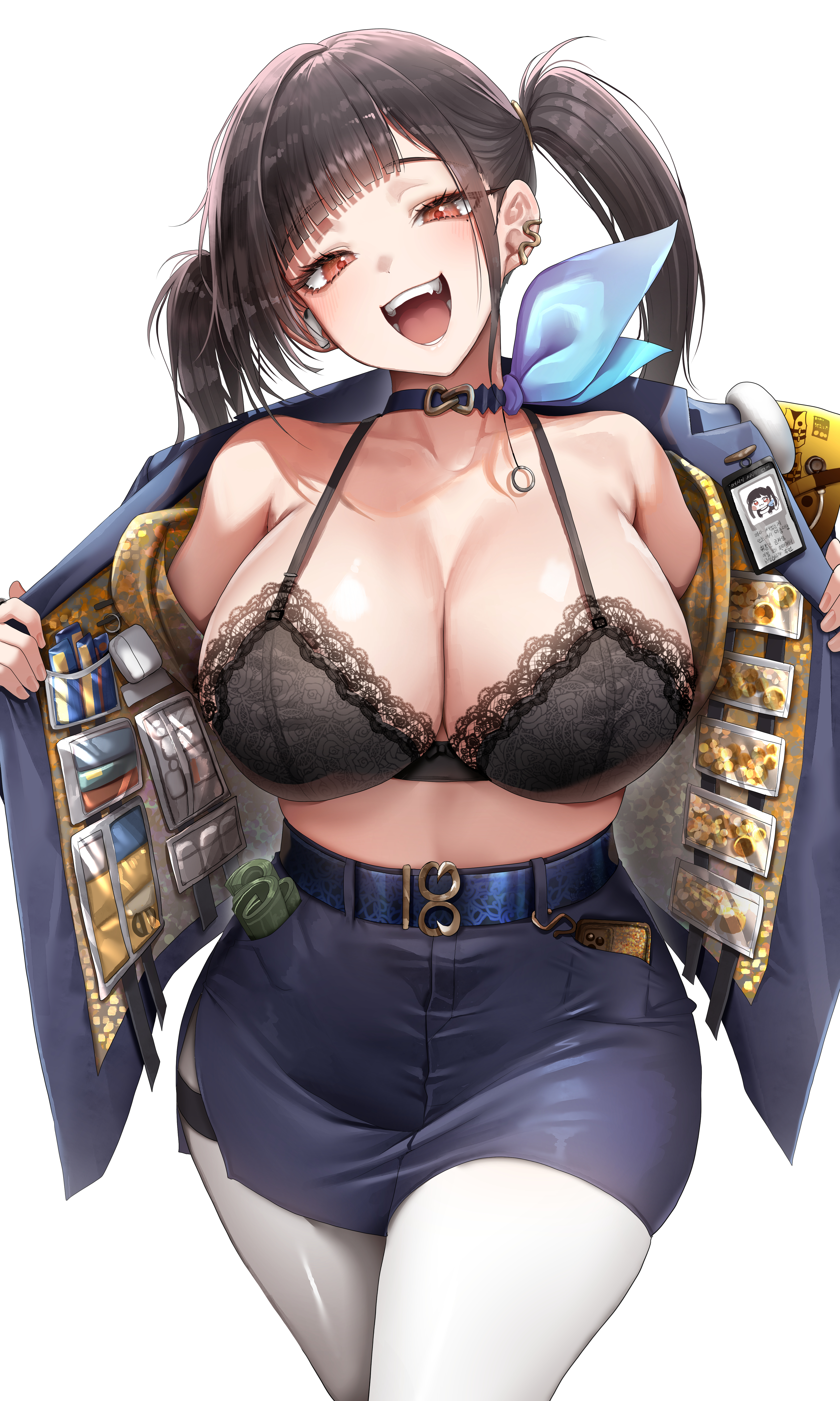 absurdres, belt, black bra, black choker, black hair, bra, breasts, choker, cleavage, doyoon 7, female, goddess of victory: nikke, highres, huge breasts, jacket, looking at viewer, miniskirt, open clothes, open jacket, pantyhose, pencil skirt, red eyes, simple background, skirt, solo, sora (nikke), thighs, underwear, white background, white pantyhose, wide hips
