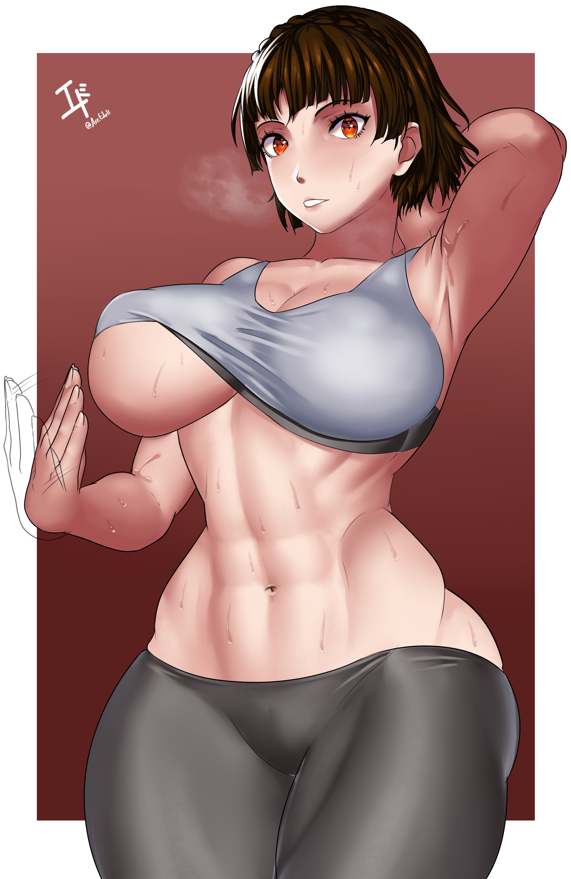 1girls, abs, arcedo, big breasts, breasts, brown hair, female, female only, hourglass figure, huge breasts, large breasts, makoto niijima, megami tensei, muscular, muscular female, persona, persona 5, red eyes, solo, solo female, solo focus, sports bra, wide hips