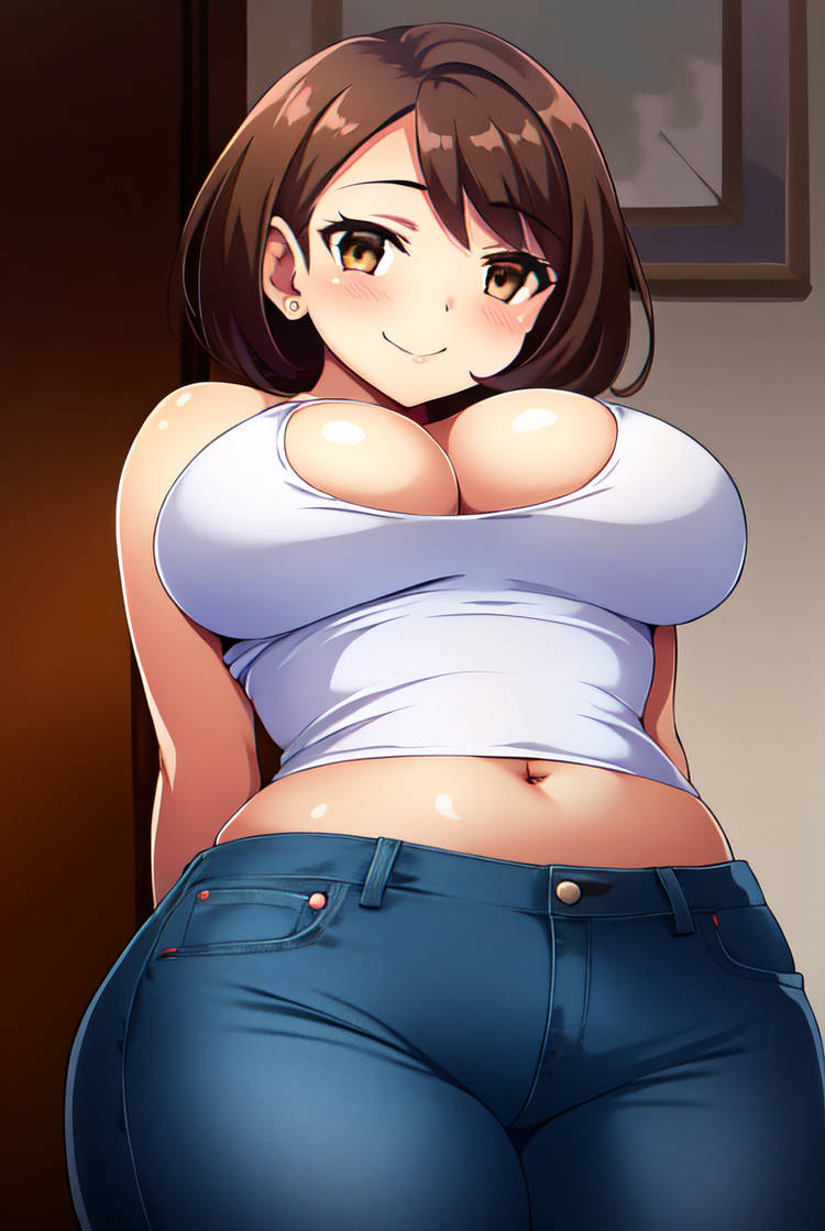 ai_generated arms_behind_back big_breasts blue_jeans blush bob_cut brown_eyes bursting_breasts busty cleavage corruption creatures_(company) curvy denim_jeans empty_eyes female female_only front_view game_freak gloria_(pokemon) hi_res highres human jeans midriff navel nintendo pinup pokemon pokemon_(game) pokemon_ss pokemon_trainer seraphim_ai shirt smile solo stable_diffusion tight_jeans