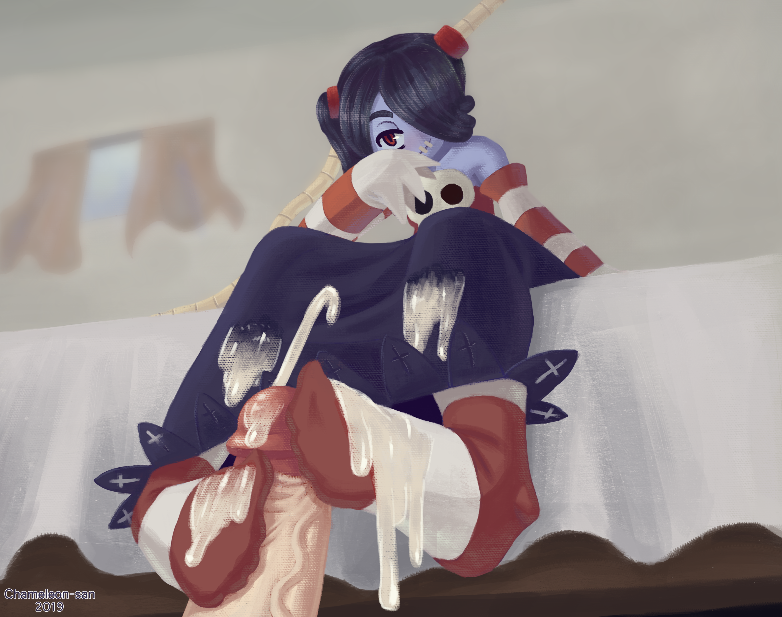 1futa, 1girls, 2019, big penis, blush, chameleon-san, clothed, clothing, cum, cum on clothes, cum on feet, duo, ejaculation, erection, female, female focus, filia (skullgirls), foot fetish, footjob, footjob with legwear, fully clothed, futa on female, futanari, human, humanoid, intersex, leviathan (skullgirls), light skin, light-skinned futa, low-angle view, nude, orgasm, penis, sitting, skullgirls, sock fetish, sockjob, socks, squigly, striped armwear, striped clothing, striped legwear, striped socks, two-footed footjob