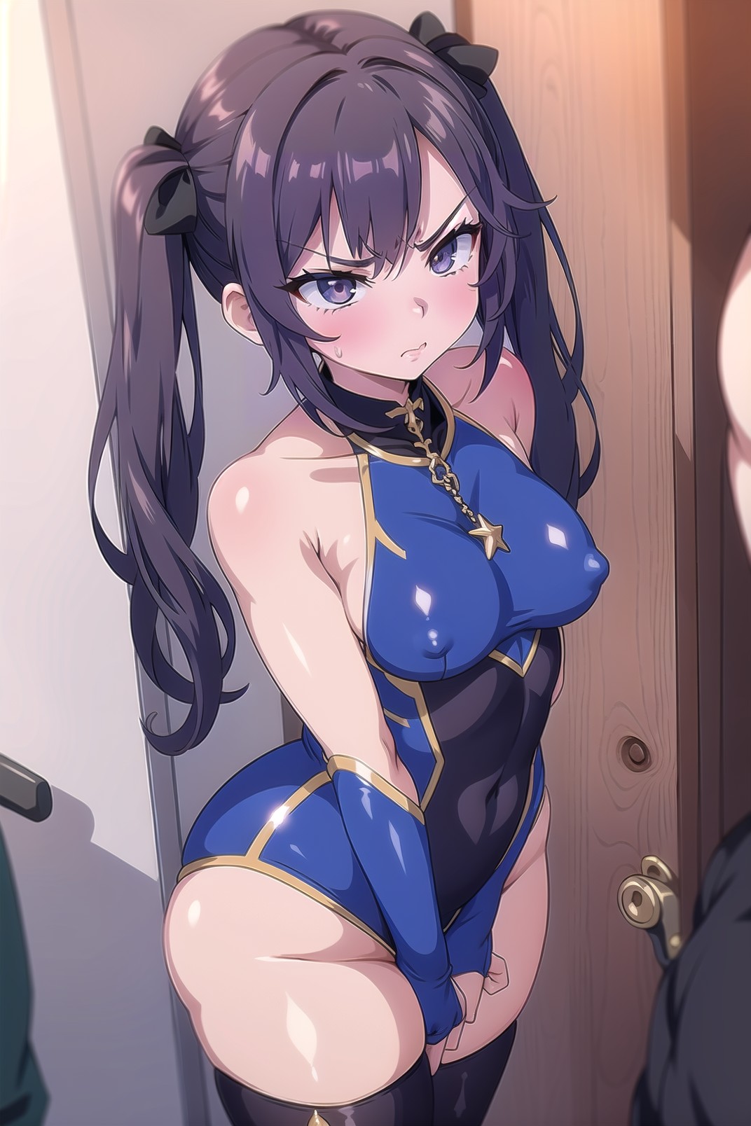 ai_generated ailucius777 angry big_ass black_hair female genshin_impact large_ass leotard light-skinned_female mona_(genshin_impact) thick_thighs thighs tsundere twintails