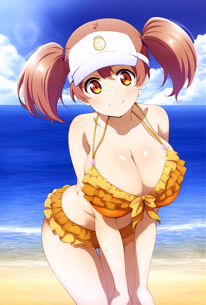 1girls ai_generated beach big_breasts bikini brown_hair curvaceous curvy_female devil_is_a_part_timer female female_only hataraku_maou-sama! hibikieroira huge_breasts orange_eyes sasaki_chiho shortstack solo twintails