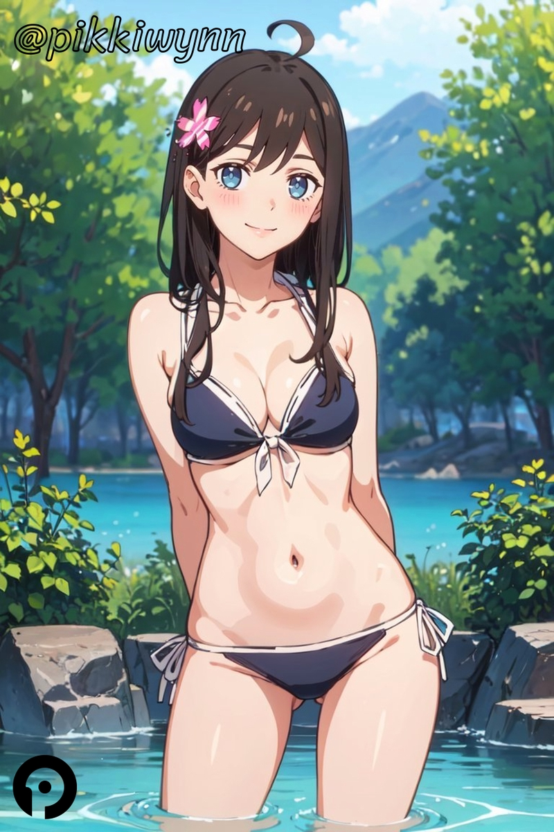 ahoge ai_generated arms_behind_back ass_visible_through_thighs bare_shoulders bikini black_bikini black_hair blue_eyes blush breasts cleavage closed_mouth collarbone cowboy_shot day female flower front-tie_top hair_flower hair_ornament long_hair looking_at_viewer medium_breasts navel outdoors pikkiwynn rock side-tie_bikini_bottom sky smile solo standing string_bikini sun_rong swimsuit the_daily_life_of_the_immortal_king tree wading water