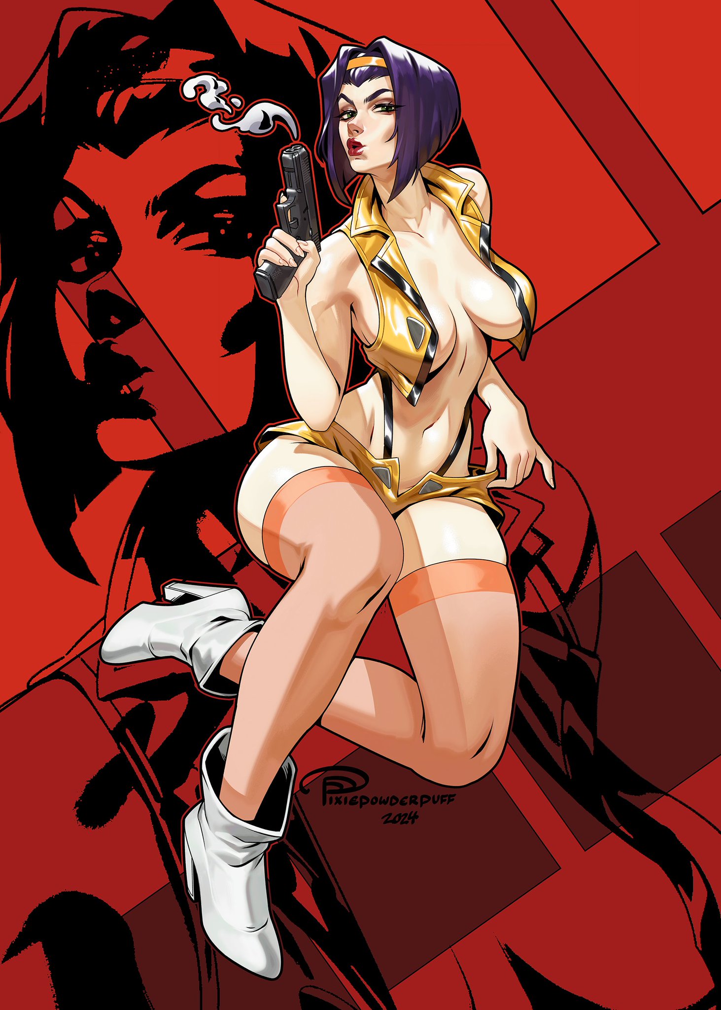 1girls, barely clothed, barely contained, blowing, breasts, cat walk, cleavage, clothed, clothing, cowboy bebop, crop top, faye valentine, female, female only, fit, fit female, gun, hair ornament, hairband, headband, heels, high heels, hourglass figure, human, large breasts, light skin, light-skinned female, medium breasts, midriff, navel, pale skin, pale-skinned female, pixiepowderpuff, purple hair, red background, short hair, short shorts, short shortsewd, smoke, smoking gun, stockings, thighs, toned, toned female, unbuttoned shirt