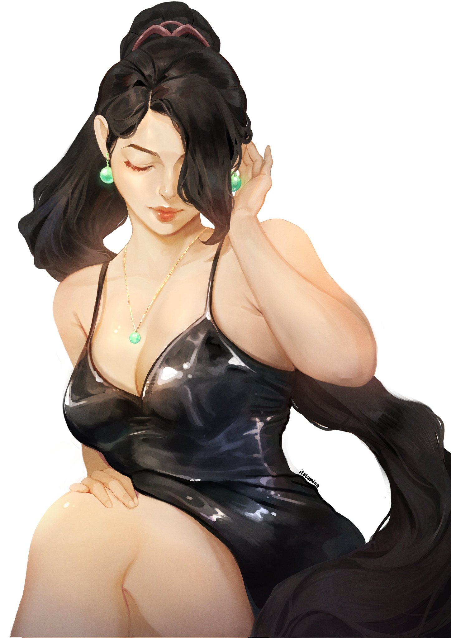 1girls, black dress, cleavage, earrings, female, female only, itataminn, long hair, necklace, one eye covered, ponytail, riot games, sage (valorant), valorant